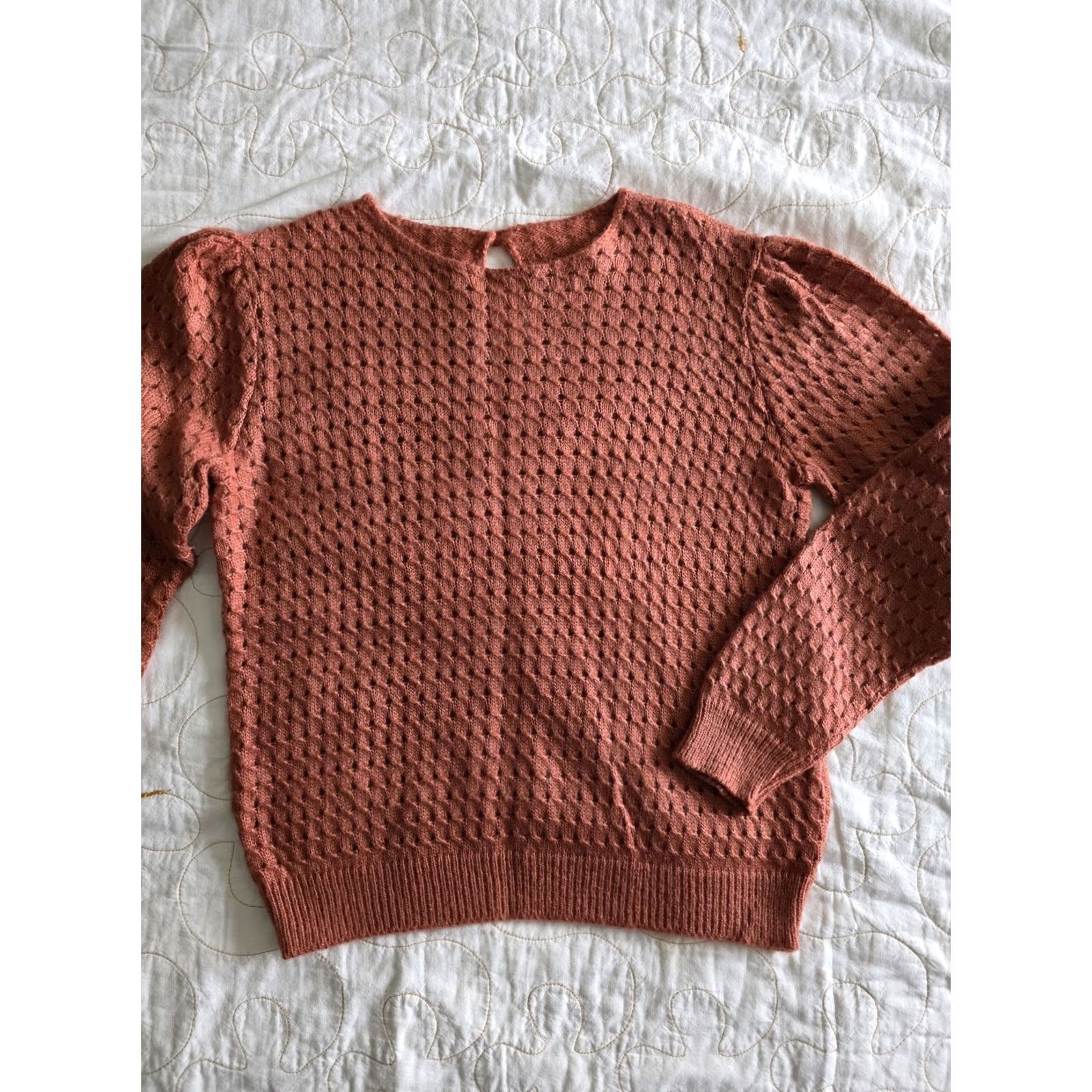 Rusty VINTAGE 80s Rust Orange Sweater Keyhole Button Womens M/L Secretary Geek Acrylic, Orange, 1980s, Business, Womens Size M / US 6-8 / IT 42-44 - 2 Thumbnail