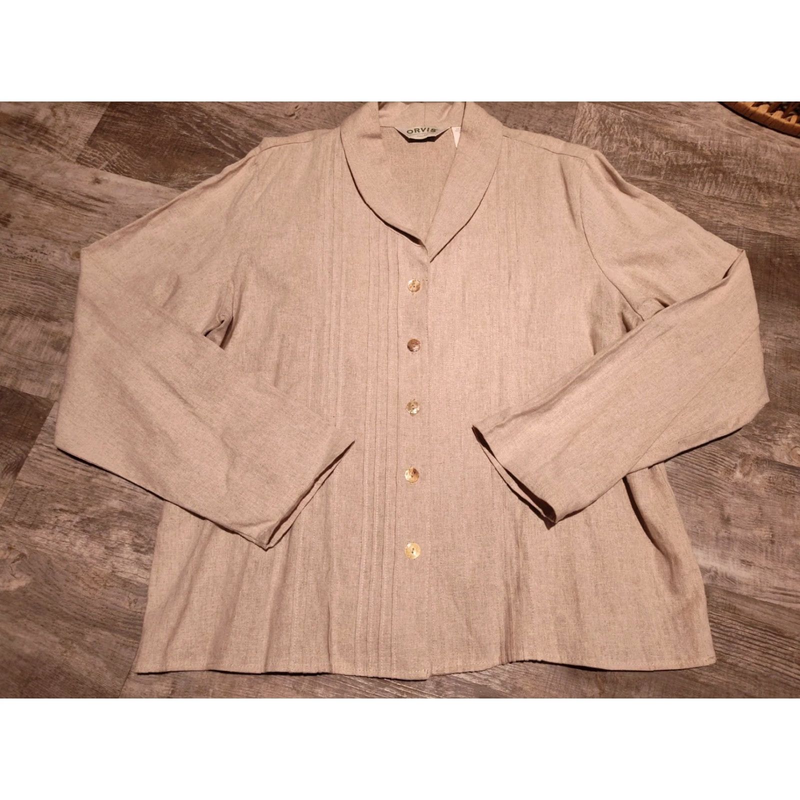 Orvis VINTAGE Orvis Women's Linen Rayon Button-Up Shirt 20 Long Sleeve Beige Pleated Classic 80s 90s Size 3XL / US 20-22 - 2 Thumbnail