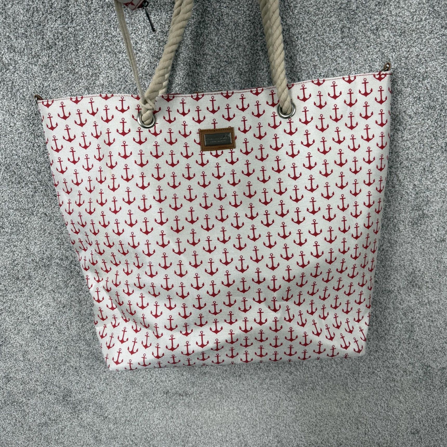 Nautica Caribbean Joe Tote Bag Anchor Print Canvas Red White Rope Shoulder Straps Large Beach Nautical Bag Womens Mens? Size ONE SIZE - 4 Thumbnail