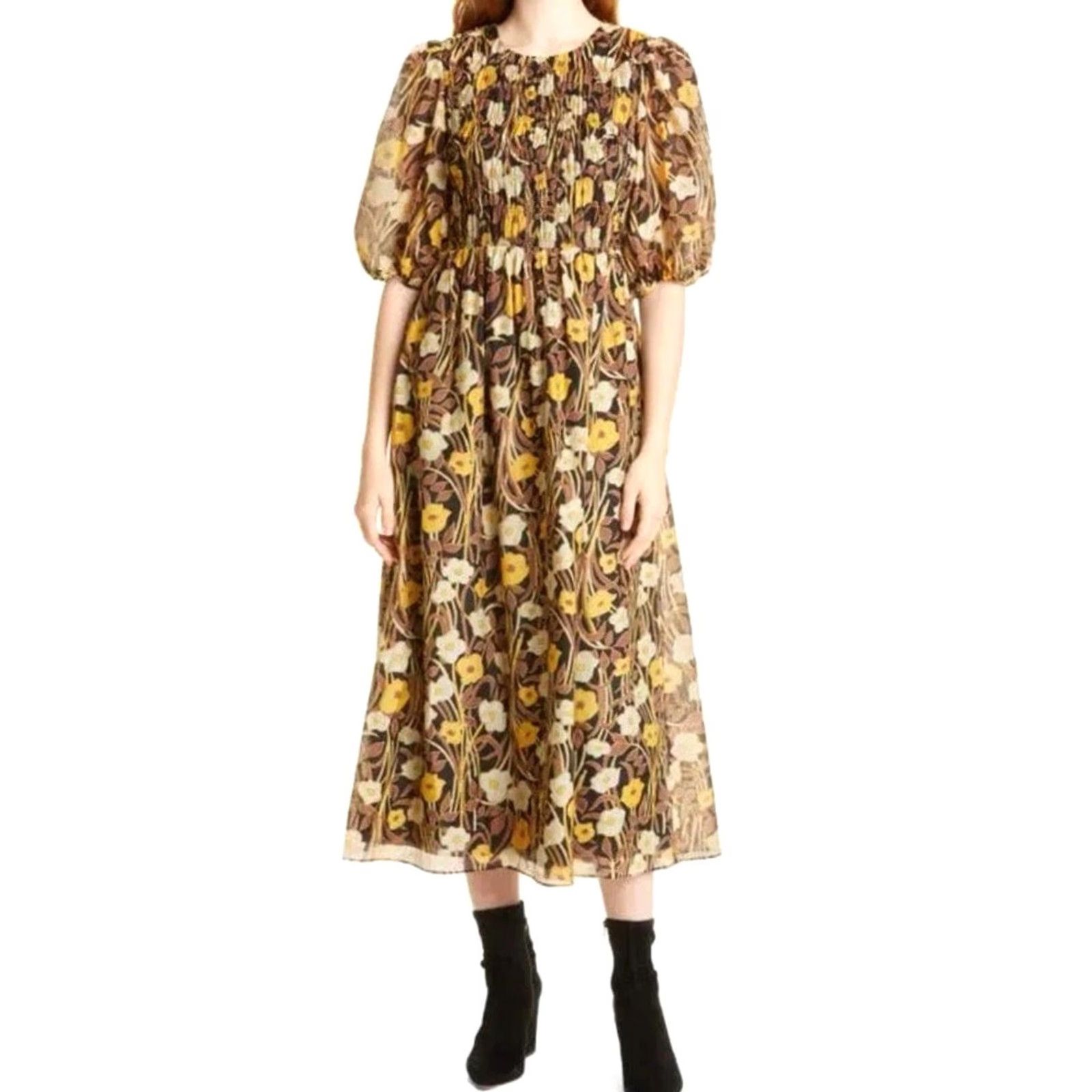 Rebecca Taylor Rebecca Taylor Daphne Fleur Ruched Puff Sleeve Silk Blend Floral Dress XL Yellow Midi Womens Buttonless Pullover Smocked Preppy Shirt Dress Size XL / US 12-14 / IT 48-50 - 2 Thumbnail