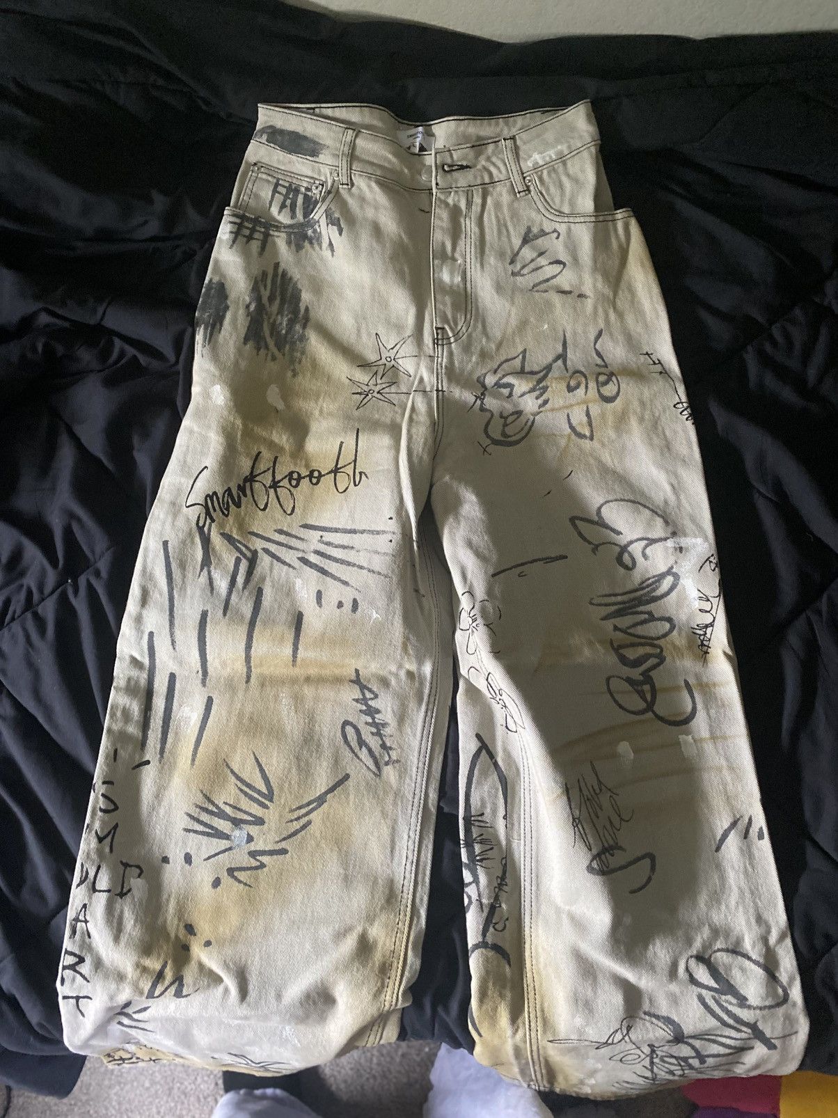 Japanese Brand × Vintage Graffiti Denim Flared Pants Size US 33 - 1 Thumbnail