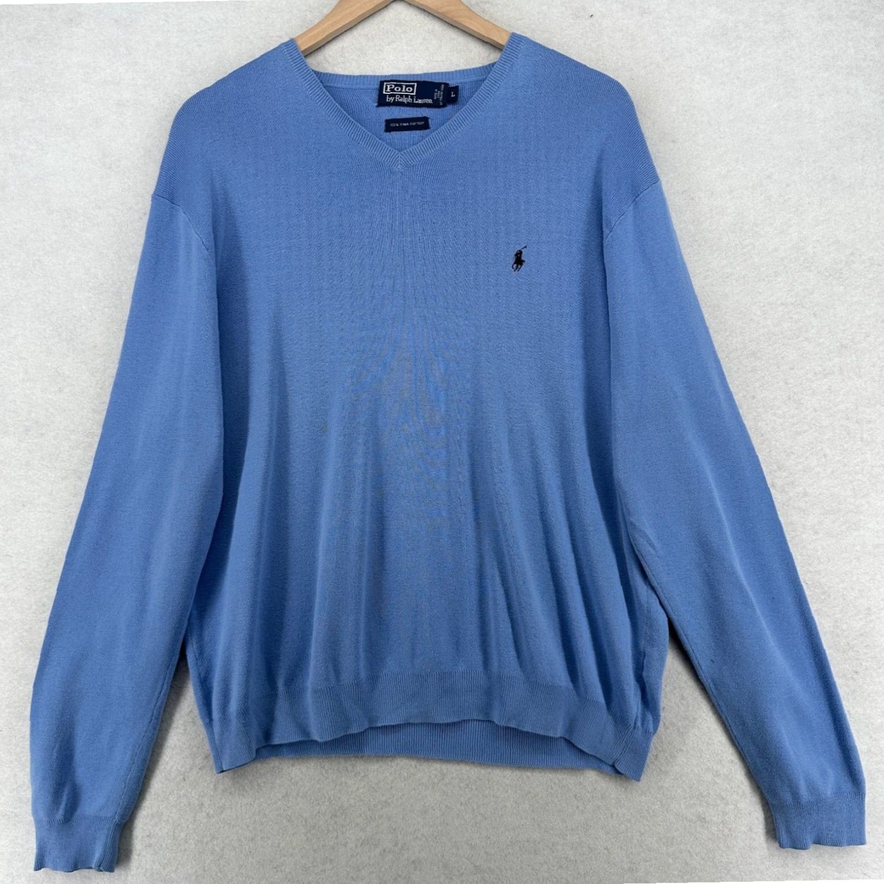 Polo Ralph Lauren Mens store Sweater Size Large Pima Cotton V-Neck Long Sleeve Blue