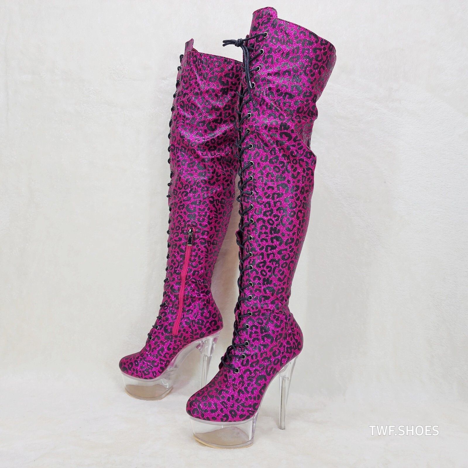 Other Bulls Hot Pink Leopard Glitter Over the Knee Clear Platform Size US 6 / IT 36 - 4 Thumbnail