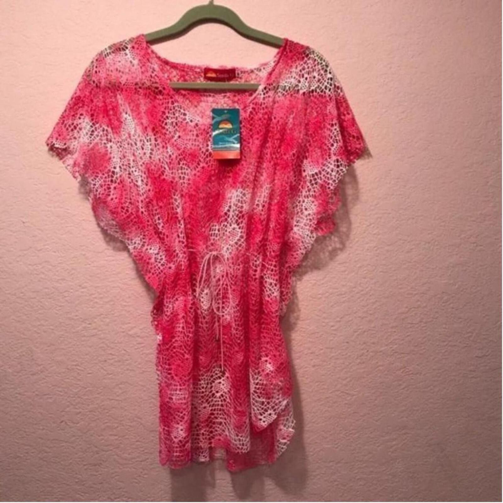Other Senda G Pink and White Crochet Cover-Up Tunic Dress Size ONE SIZE - 2 Thumbnail
