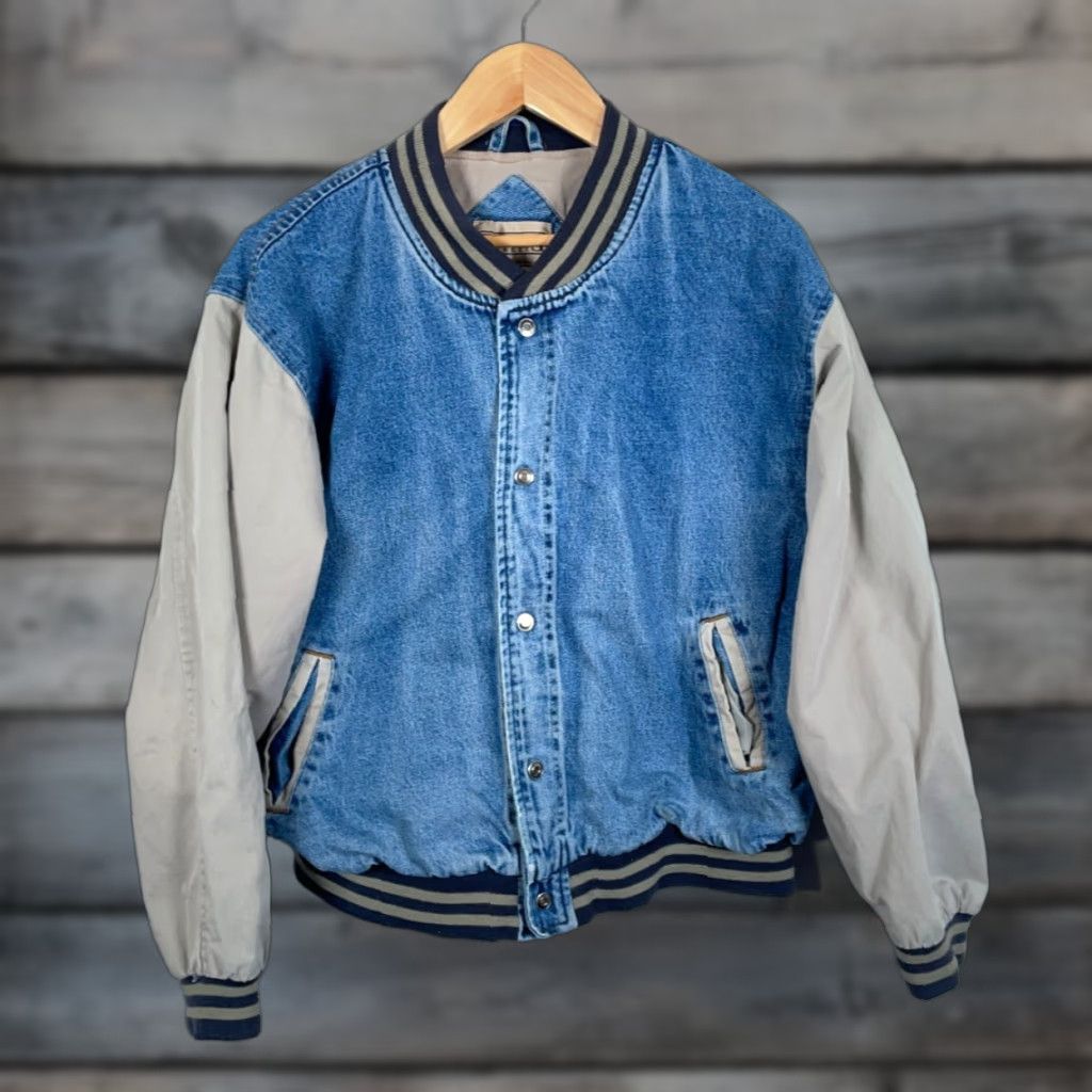 Vintage VINTAGE Falls Creek Denim Bomber Jacket Shirt Men XL Blue Beige Maine Embroidery 90s City Retro Size US L / EU 52-54 / 3 - 1 Thumbnail
