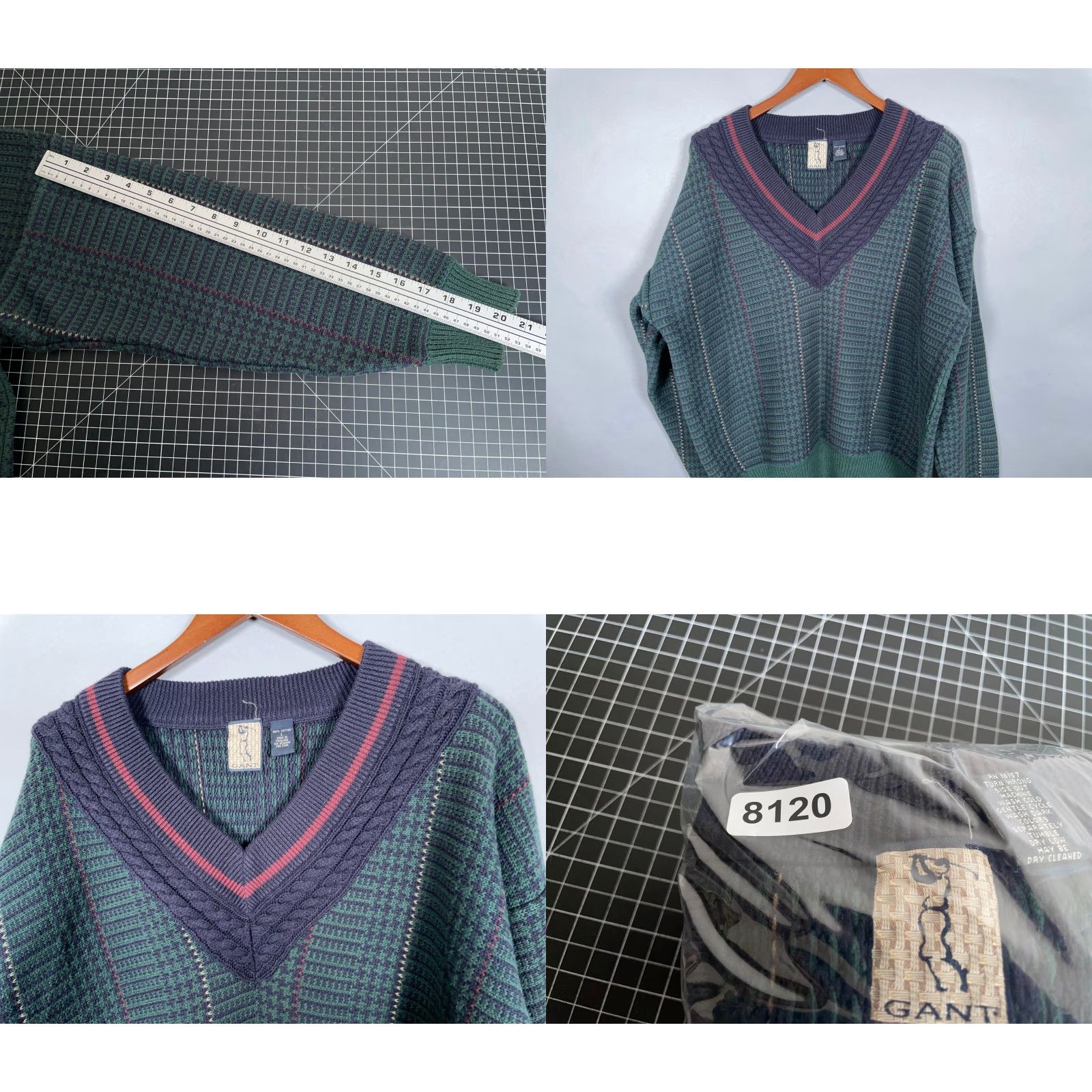 Gant GANT 90s Cotton Tennis V-Neck Sweater Mens Large Green Blue Houndstooth Check Knit Pullover Vintage Size US L / EU 52-54 / 3 - 8 Thumbnail