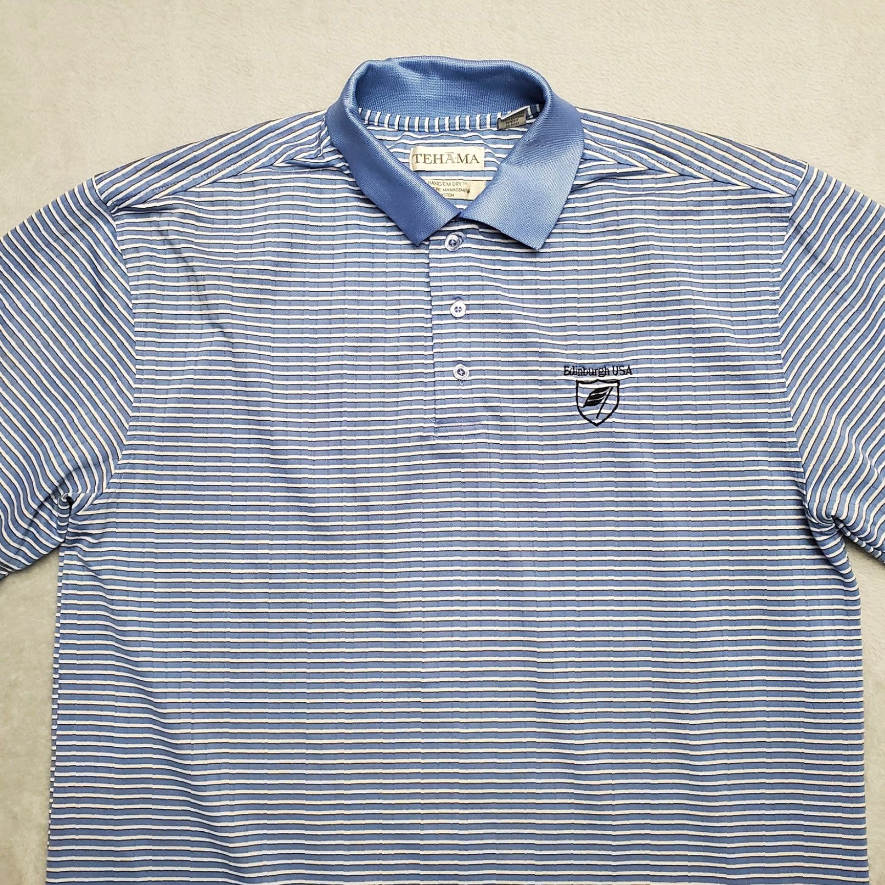 Vintage Tehama Shirt Mens L Blue Striped 100% Polyester Casual Performance Golf Polo Knit Button Collared Short Sleeve Mens Clothing Size US L / EU 52-54 / 3 - 2 Thumbnail