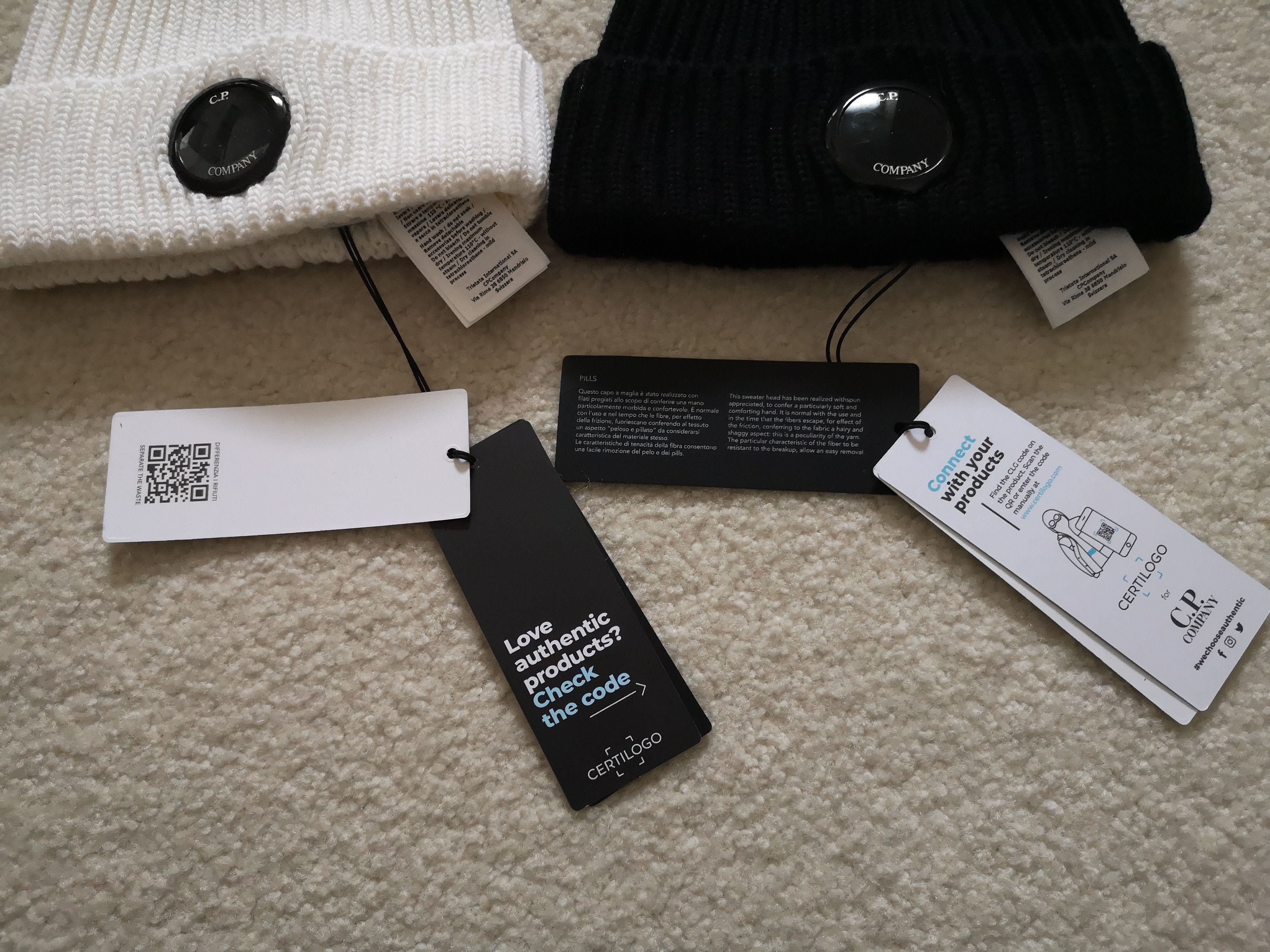 C.P. Company 2 Merino Wool Ribbed Knit Beanies, Black and White Size ONE SIZE - 4 Thumbnail