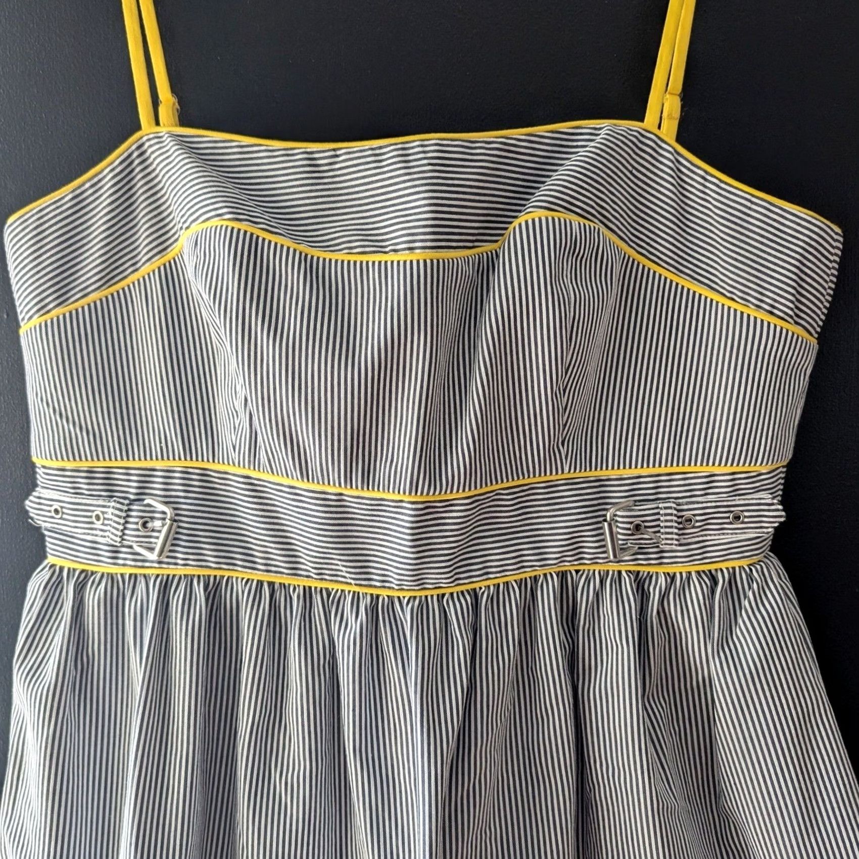 Vintage London Times Striped Dress Women 10 Midi Sleeveless Navy White Yellow Piping Buckle Fit & Flare Sundress Size L / US 10 / IT 46 - 4 Thumbnail