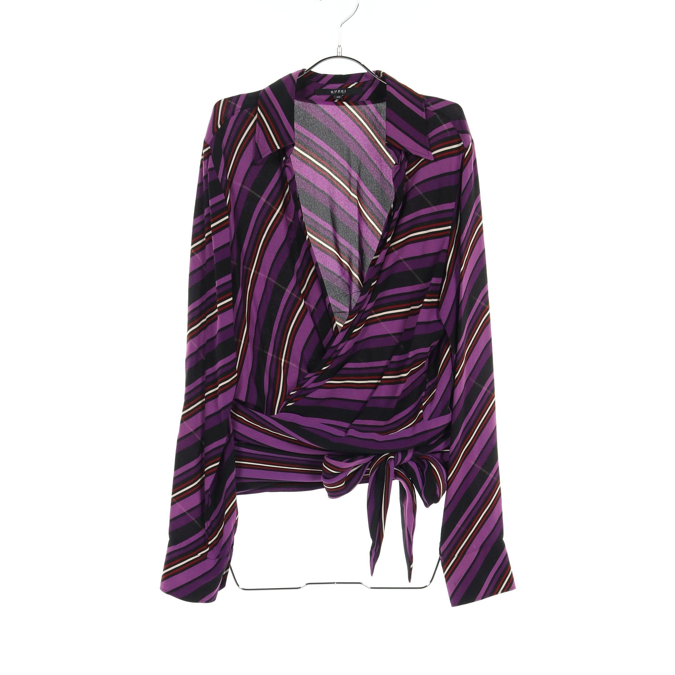 Gucci Gucci Wrap Blouse Cachecoeur Stripe Silk Purple Black Multicolor Size ONE SIZE - 1 Thumbnail
