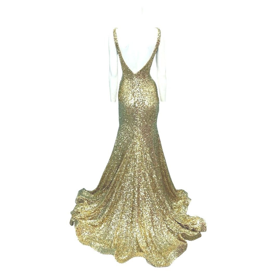 Designer Jovani Gold Sequin Open Back V-neck Prom Pageant Gown 23079 Size XS / US 0-2 / IT 36-38 - 2 Thumbnail
