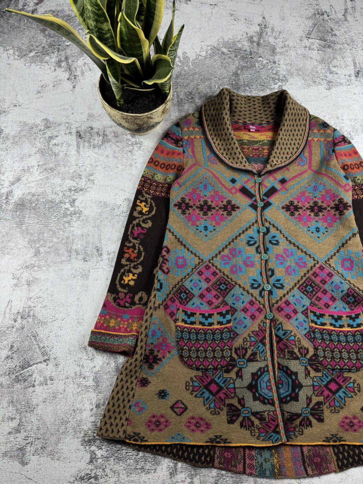 Designer × Vintage IVKO Lambs Wool 38 Knit Floral Long Cardigan Sweater Dress Size M / US 6-8 / IT 42-44 - 2 Thumbnail