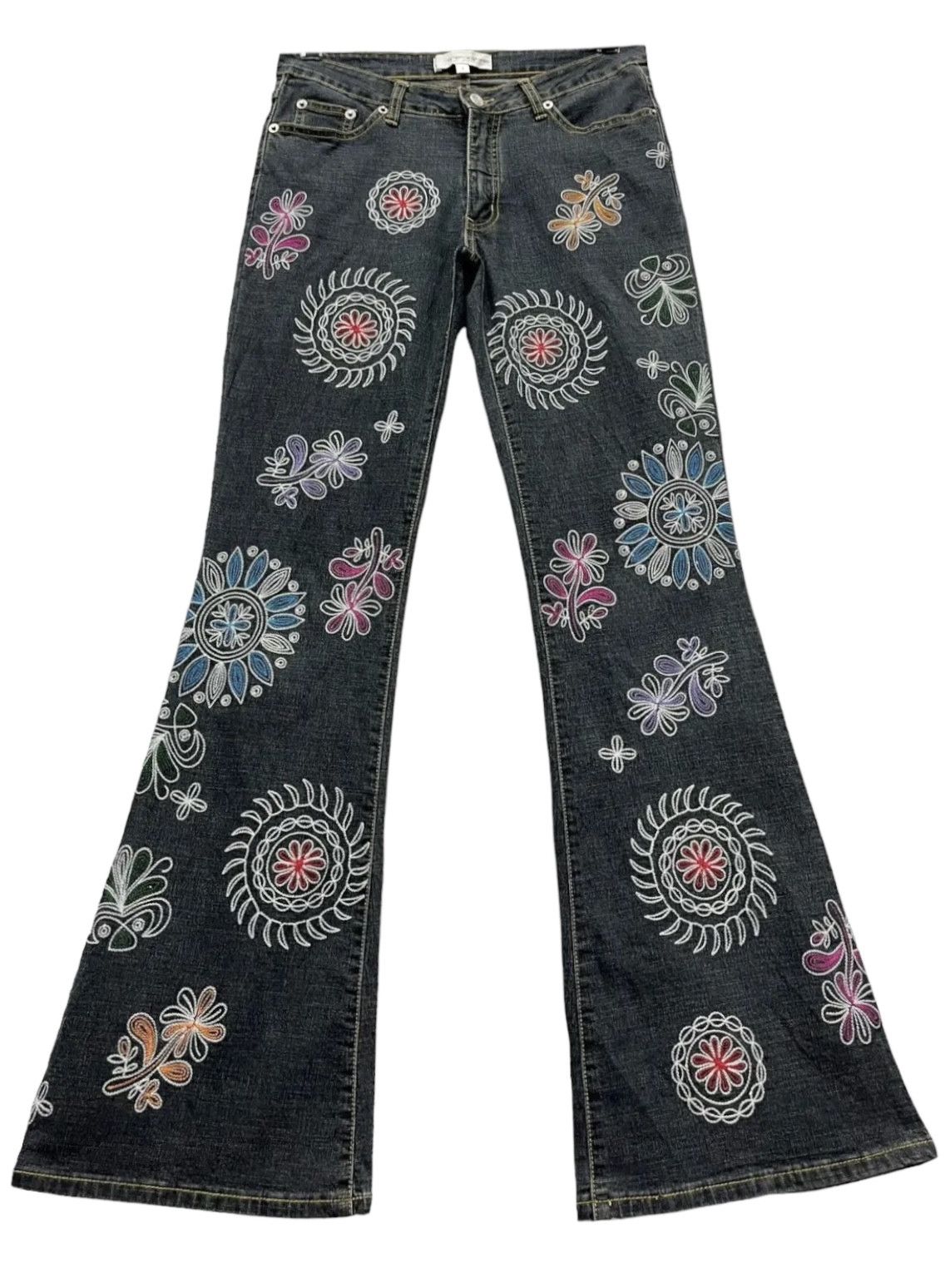 Colours × Japanese Brand 🌸Hippie EMBROIDERY Stretch Denim Flare Murakami Style Size US 28 / EU 44 - 1 Thumbnail