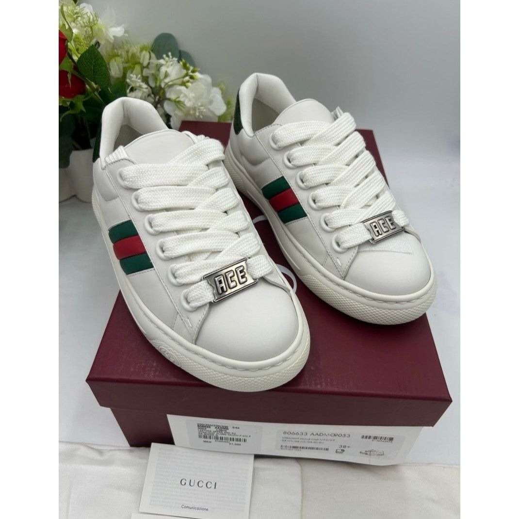 Gucci Women's Gucci leather web stripe ace sneakers size 38.5 Size US 8.5 / IT 38.5 - 4 Thumbnail