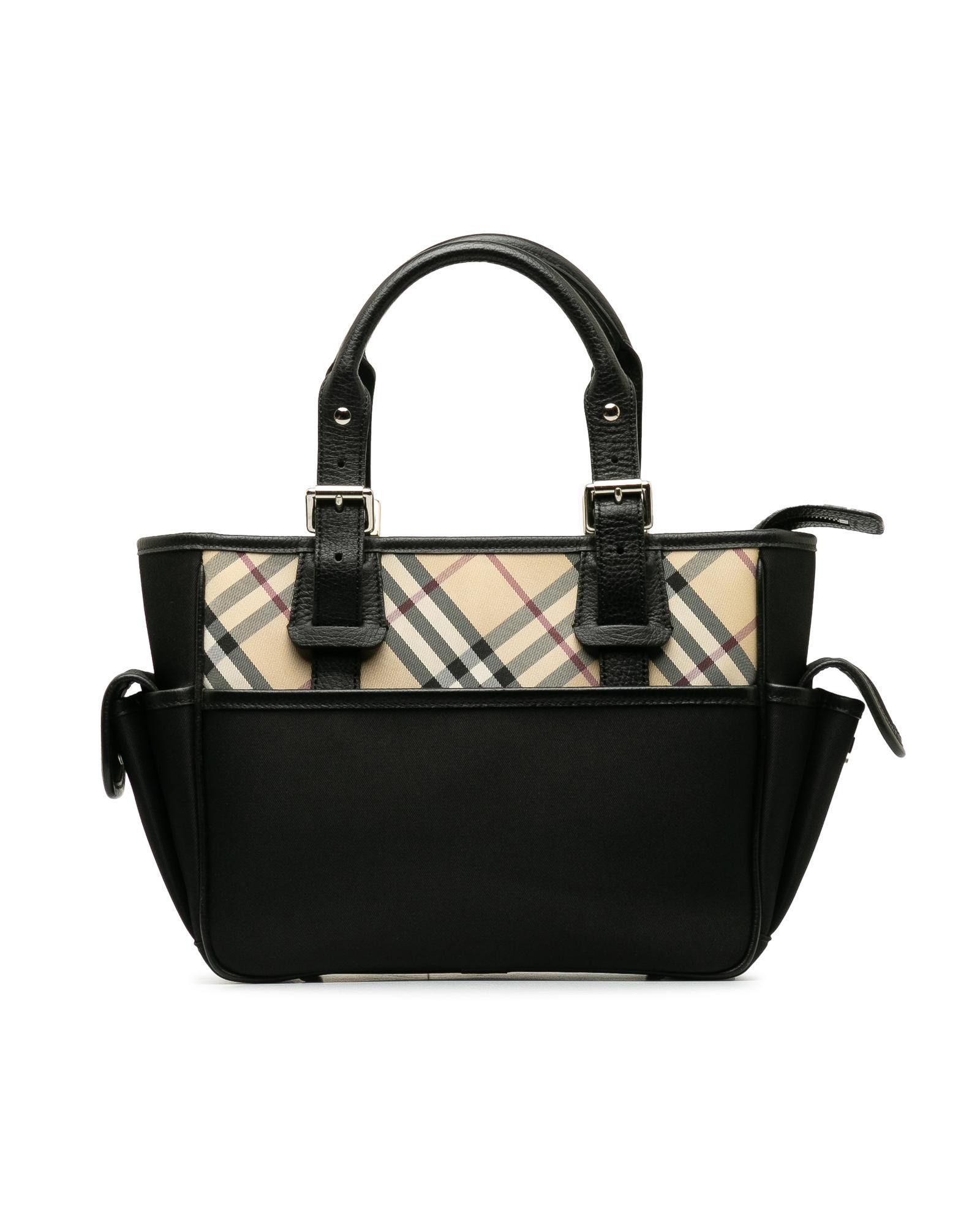 image of Burberry Leather-Trimmed Canvas Handbag in Black, Women's