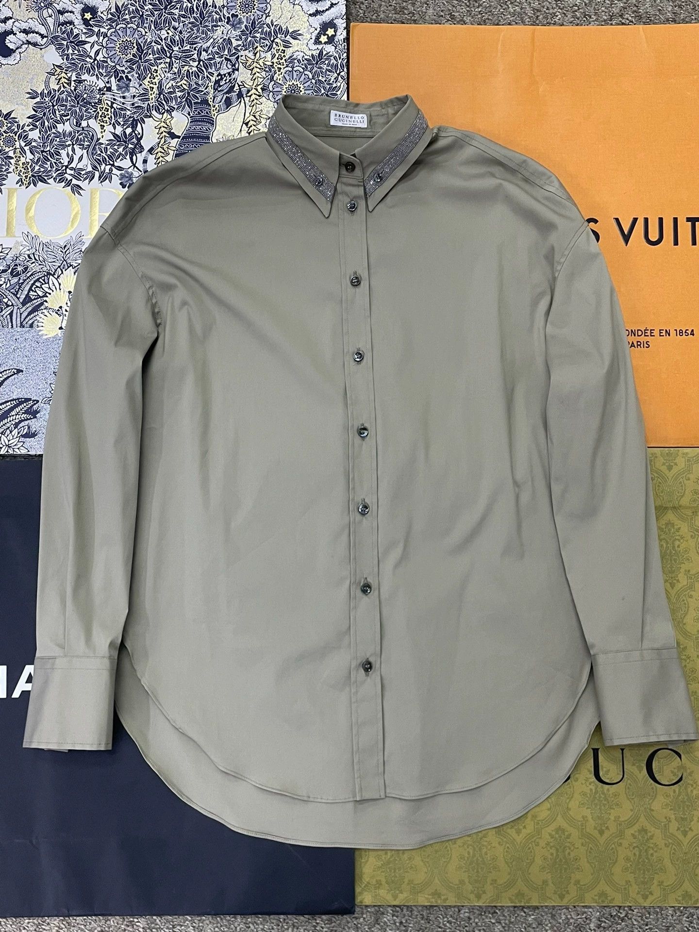 Brunello Cucinelli Brunello Cucinelli Green Beaded Collar Shirt - dmc Size US XS / EU 42 / 0 - 1 Thumbnail