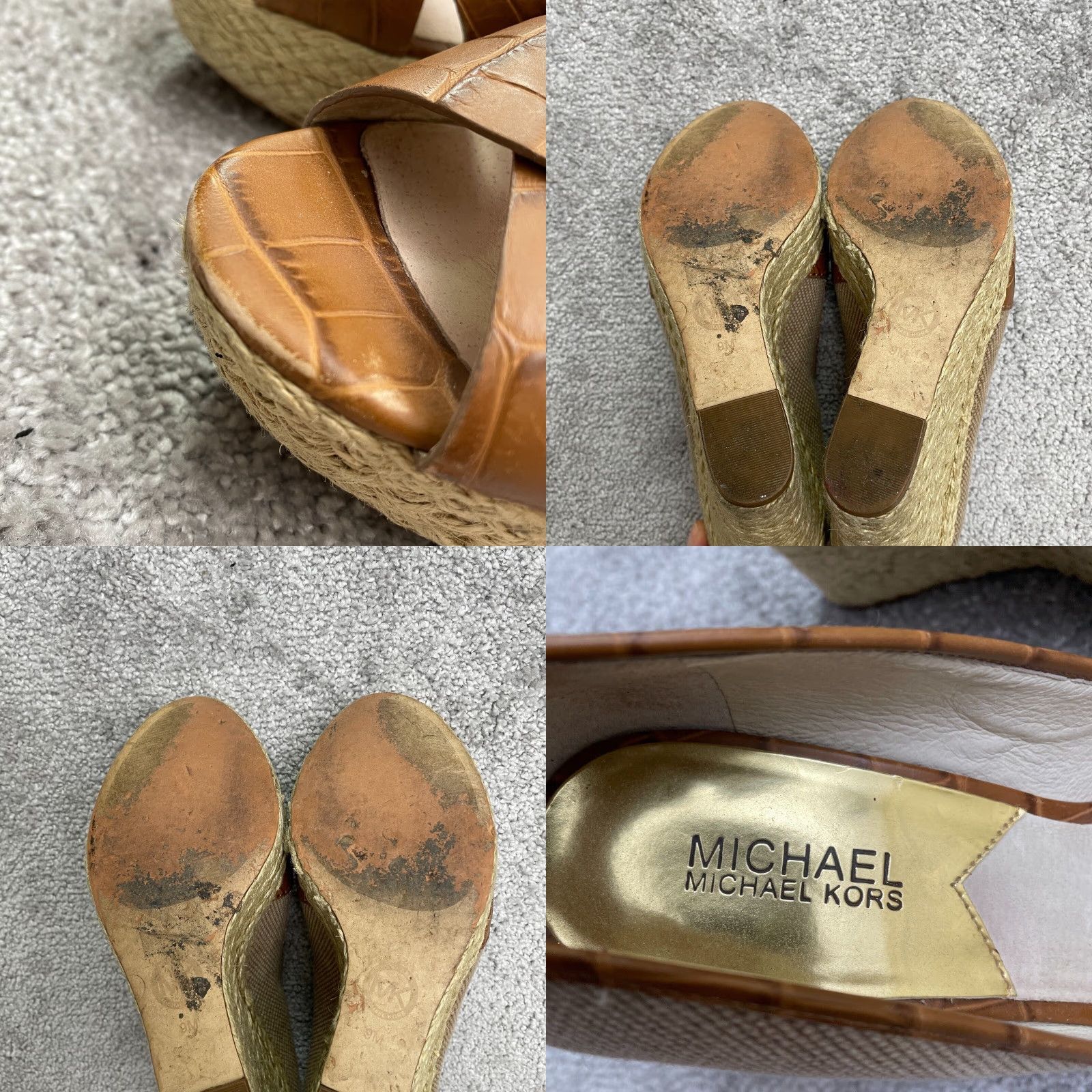 Michael Kors Micheal Michael Kors Wedge Sandals Womens 9M Brown Slip On Espadrille Peep Toe Leather Upper Cork Insole Logo Breathable Comfort Size US 9 / IT 39 - 8 Thumbnail