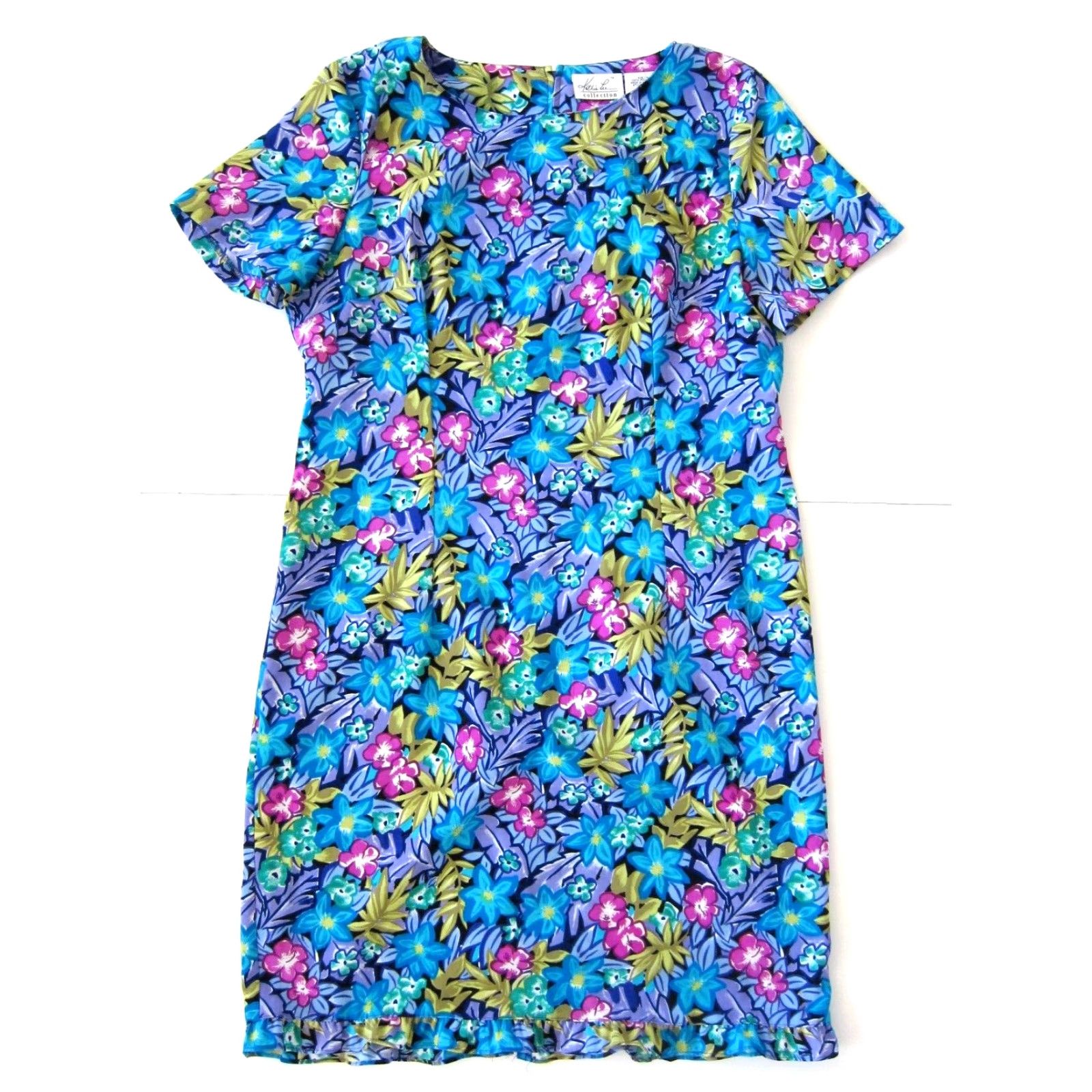Lee VINTAGE Kathie Lee Collection Pink Floral Short Sleeve Tunic Dress 14 Green Blue Yellow Zipper Knee Length Casual Formals 90s? Size 36" / US 14 / IT 50 - 2 Thumbnail