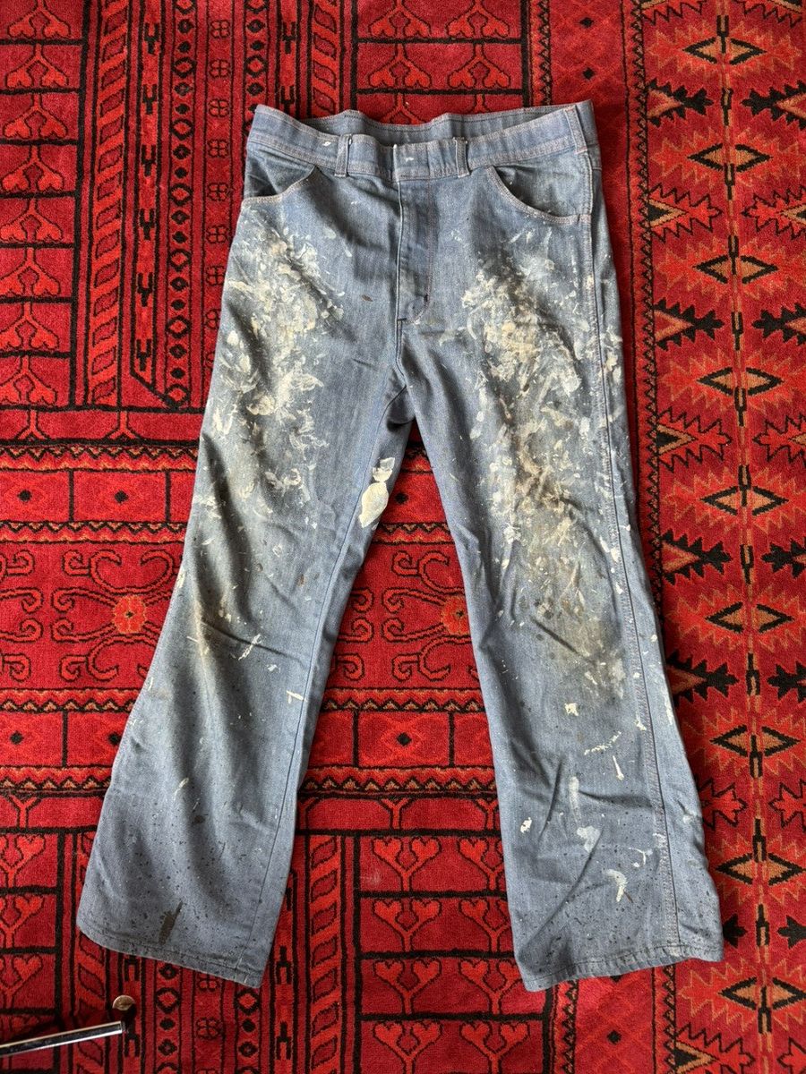 Vintage Distressed blue denim carpenter jeans with paint splatters Size US 34 / EU 50 - 2 Thumbnail