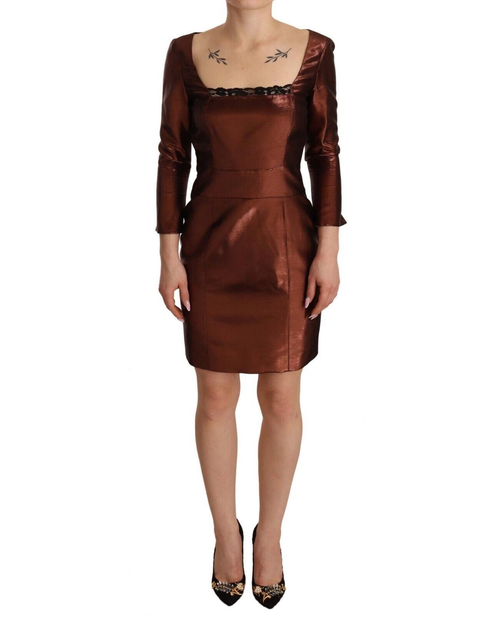 Image of Gf Ferre Metallic Brown Long Sleeves Square Neck Dress in Bronze, Women's (Size Small)