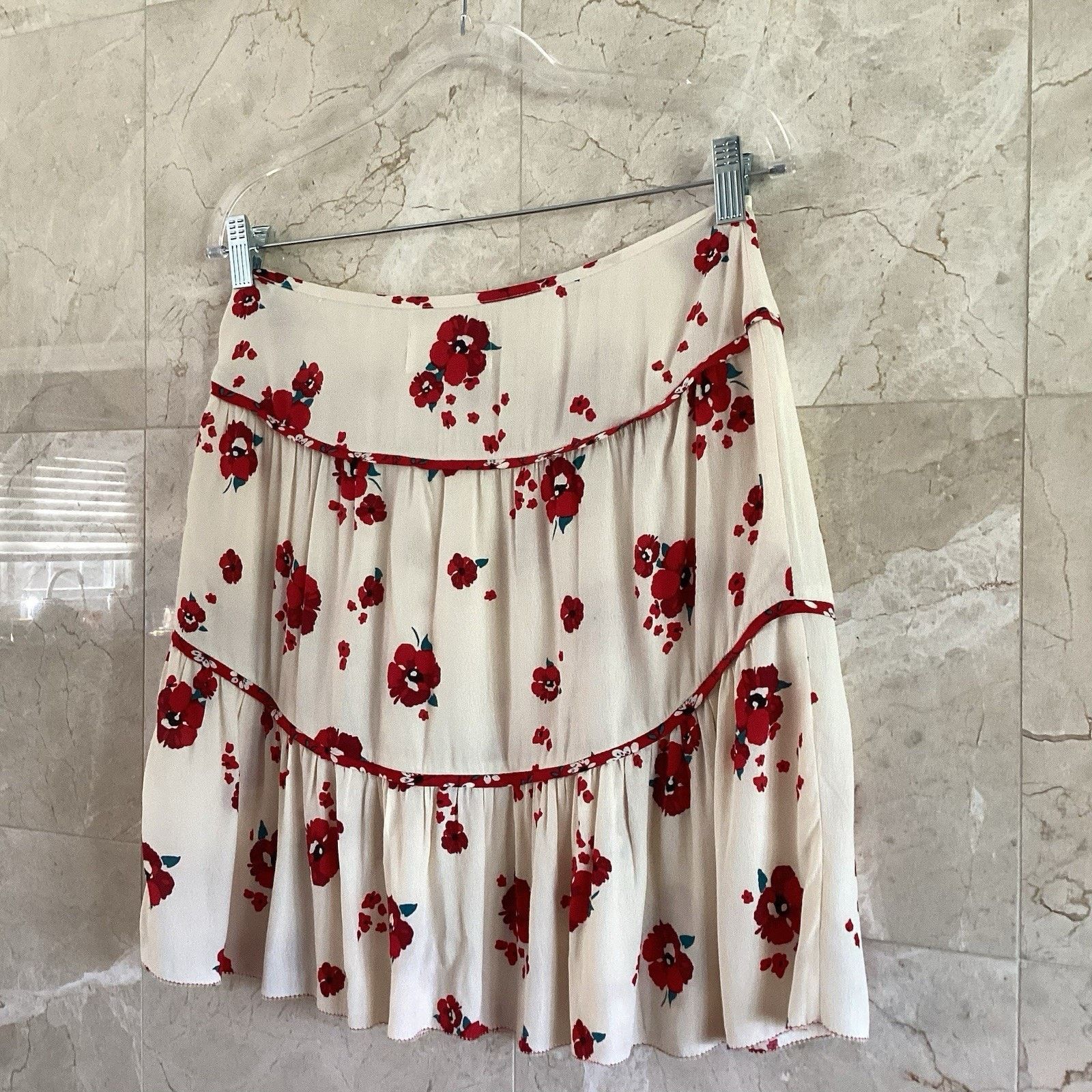 ba&sh ba&sh Bia Lady Mini Skirt Ecru Red Floral Tiered, Size 1 US6 Size 28" / US 6 / IT 42 - 4 Thumbnail