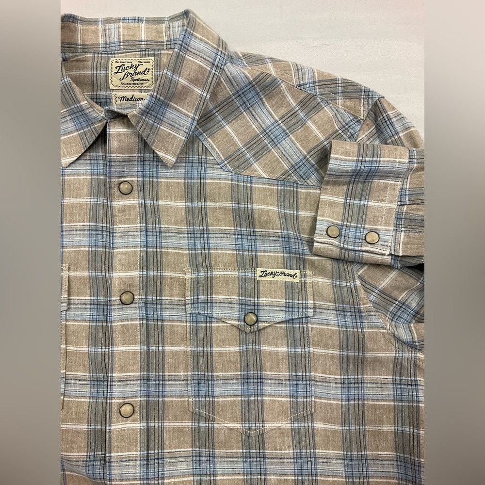 Lucky Brand LUCKY BRAND Tan Blue Plaid Shirt Western Yoke Pearl Size US M / EU 48-50 / 2 - 2 Thumbnail