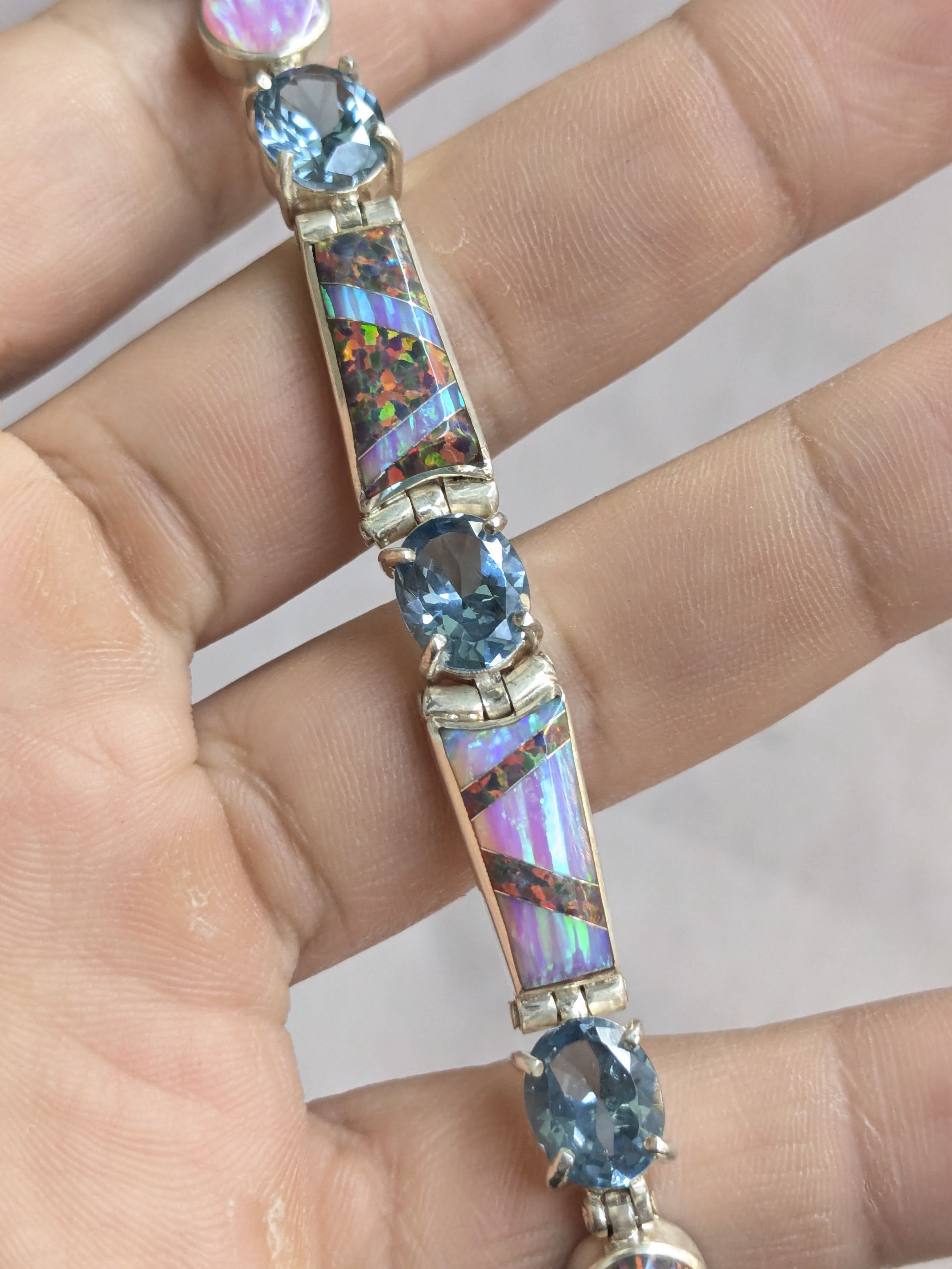 Jewelry Sterling Silver Tennis Bracelet Opal Blue Topaz Oval 7.25 Size ONE SIZE - 12 Thumbnail