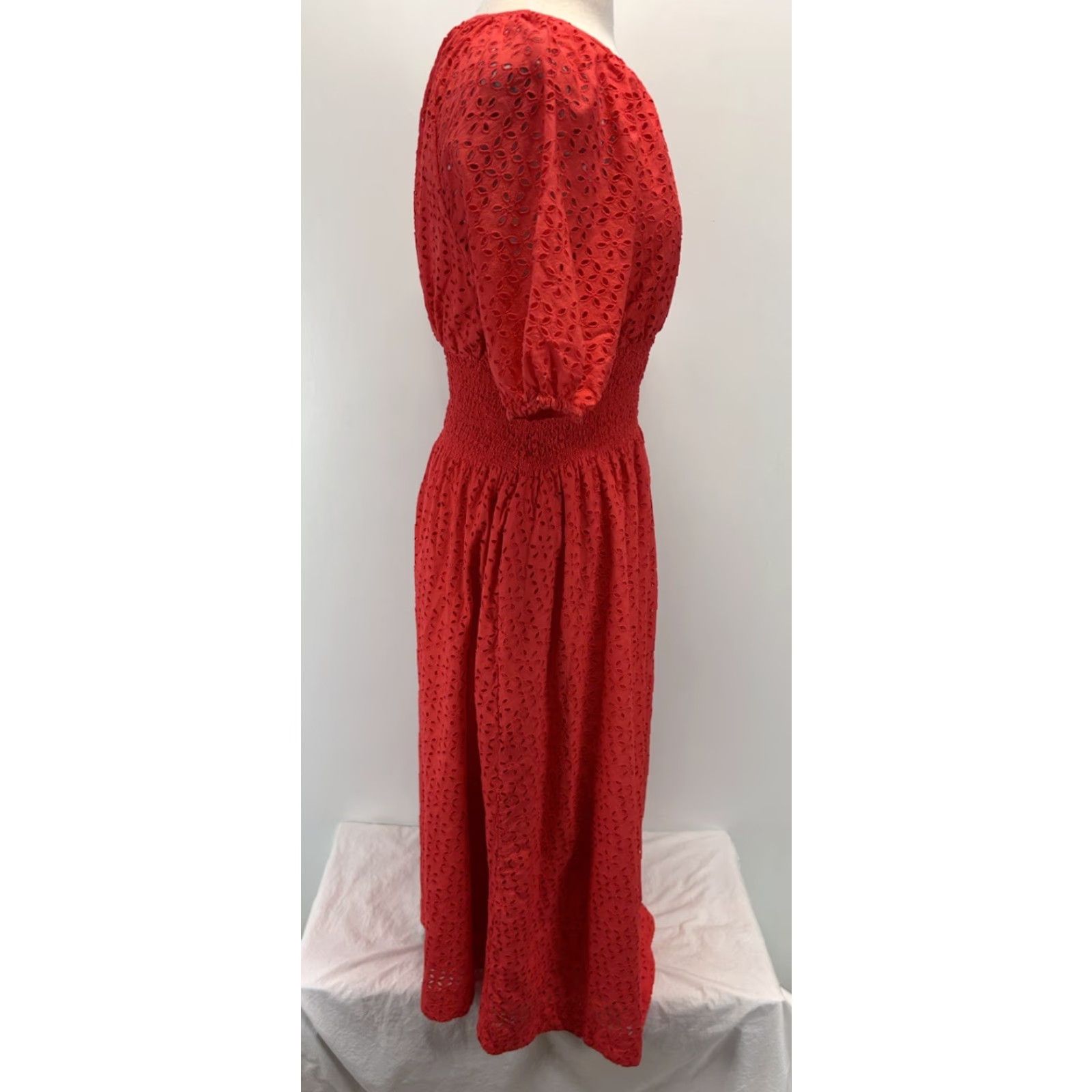 J.Crew J.CREW Sundress Midi Smocked Waist Eyelet Pockets Red/coral Medium Tall Women Beach Party/Cocktail Casual Travel Proven​ce शामिल? Size M / US 6-8 / IT 42-44 - 4 Thumbnail