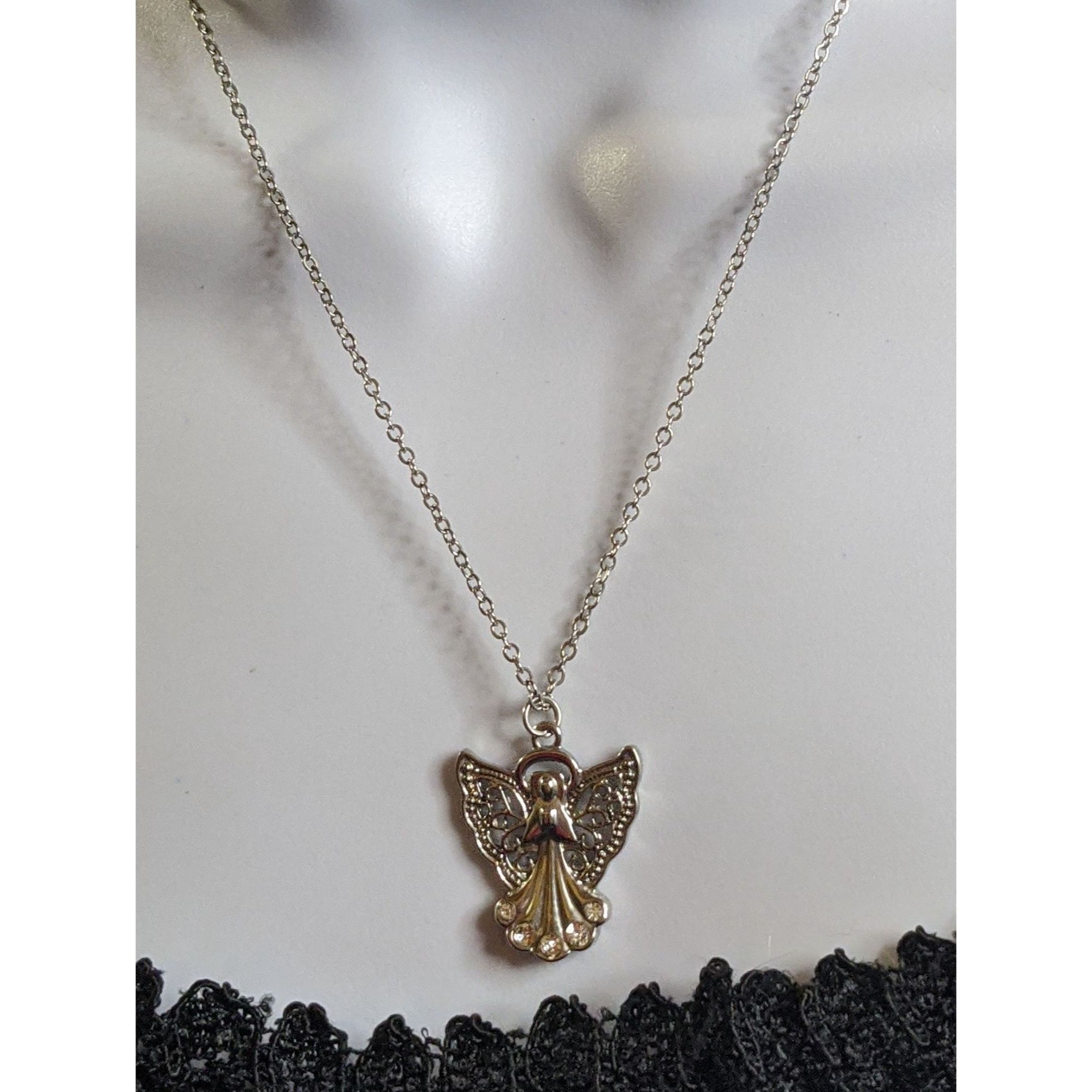 Other Religious Angel Pendant Necklace Silver Tone With Rhinestone Size ONE SIZE - 4 Thumbnail