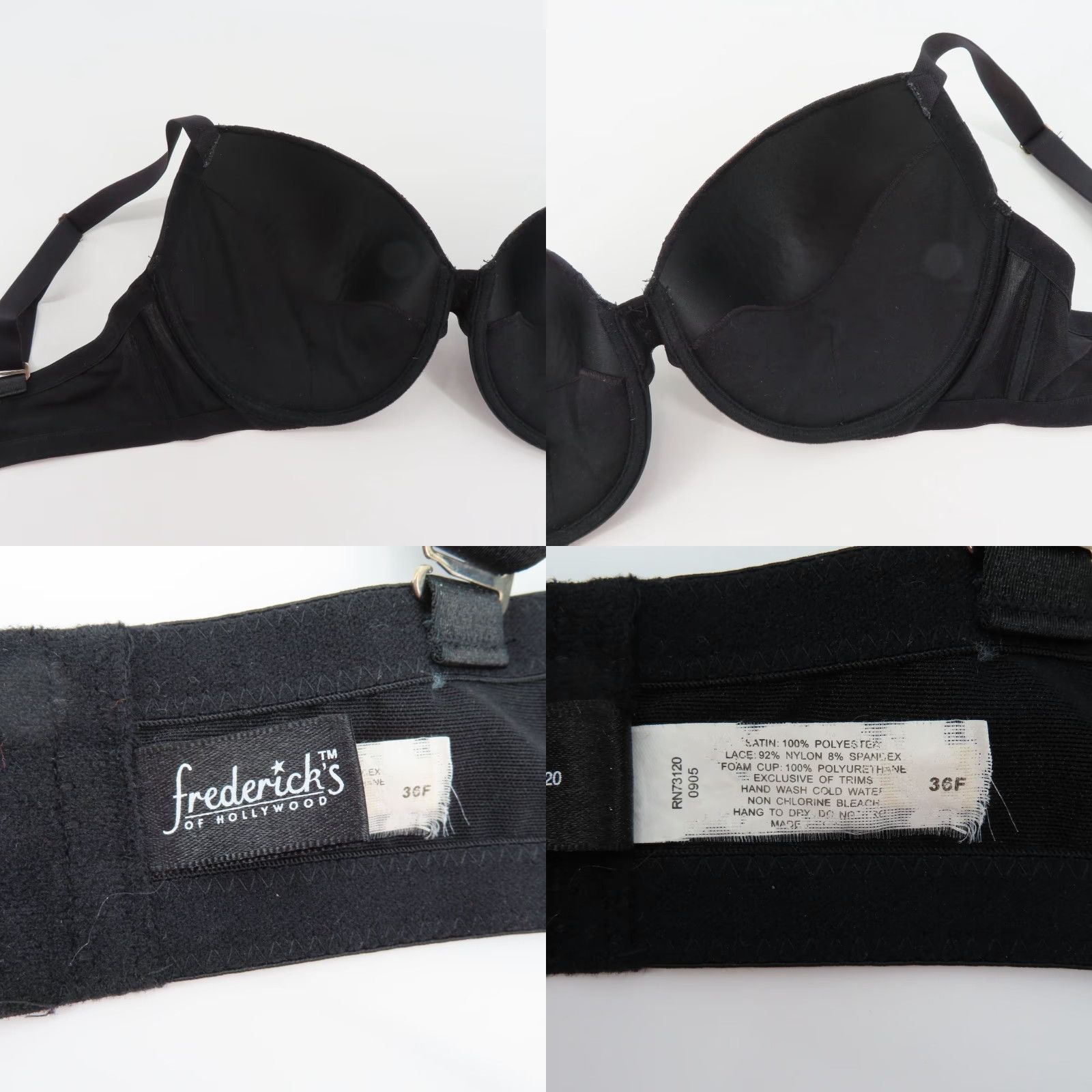 Vintage Fredericks of Hollywood Bra Black White Satin Lace Tuxedo Style Underwire 36F Push Up Bra Women's Size ONE SIZE - 8 Thumbnail