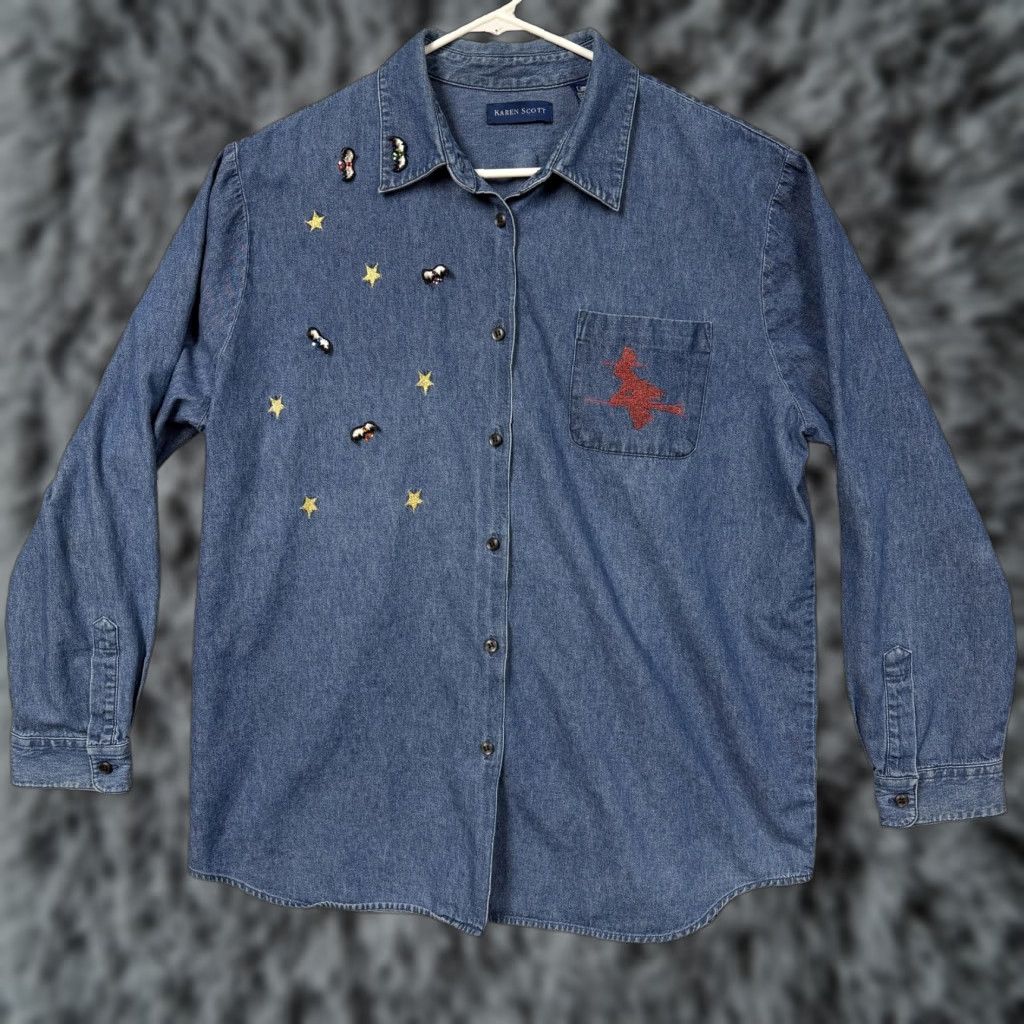 Vintage VTG Karen Scott Button-Up Denim Shirt XL Women Halloween Embroidered Witch Bat Stars 90s Century Winter Size XL / US 12-14 / IT 48-50 - 1 Thumbnail