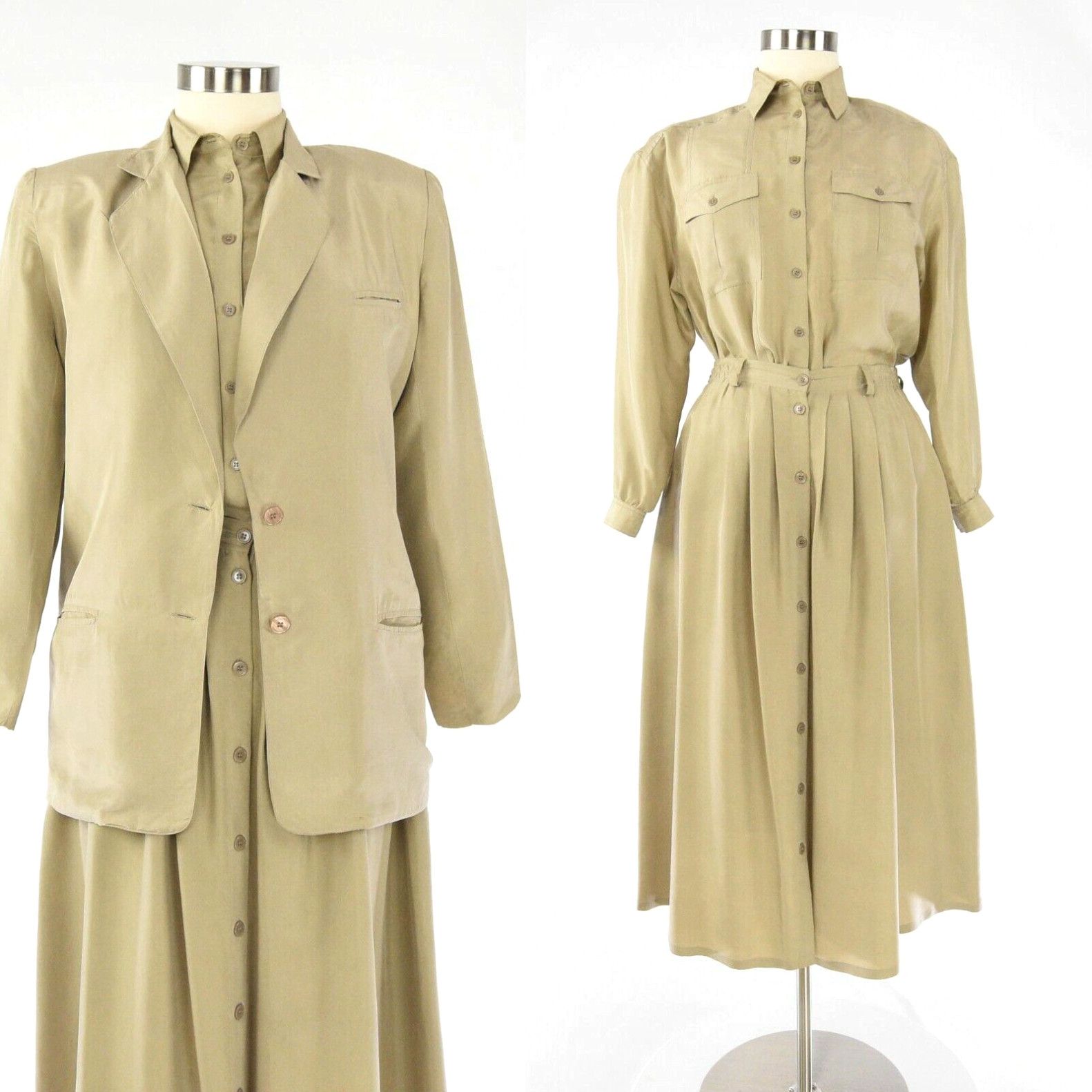 image of 90's Vintage Beige Silk 3 Piece Outfit Circle Skirt Womens 12 Blazer Blouse in White