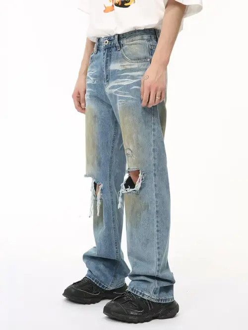 Japanese Brand Chiyuri x Haya Washed Blue Ripped Loose Hip Hop Jeans Size US 30 / EU 46 - 2 Thumbnail