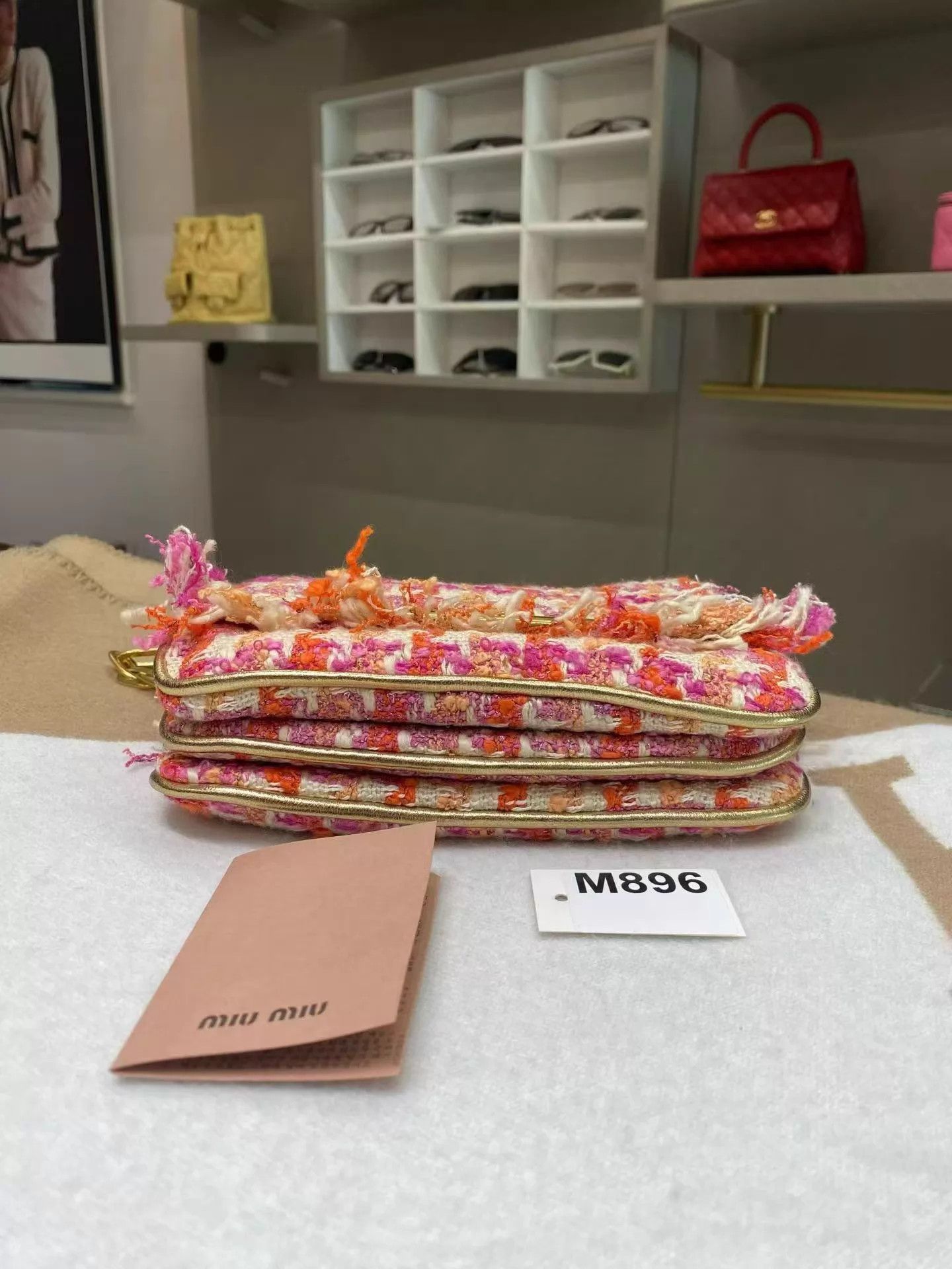 Miu Miu MIU MIU Pink Orange Houndstooth Fringed Chain Underarm Bag Size ONE SIZE - 8 Thumbnail