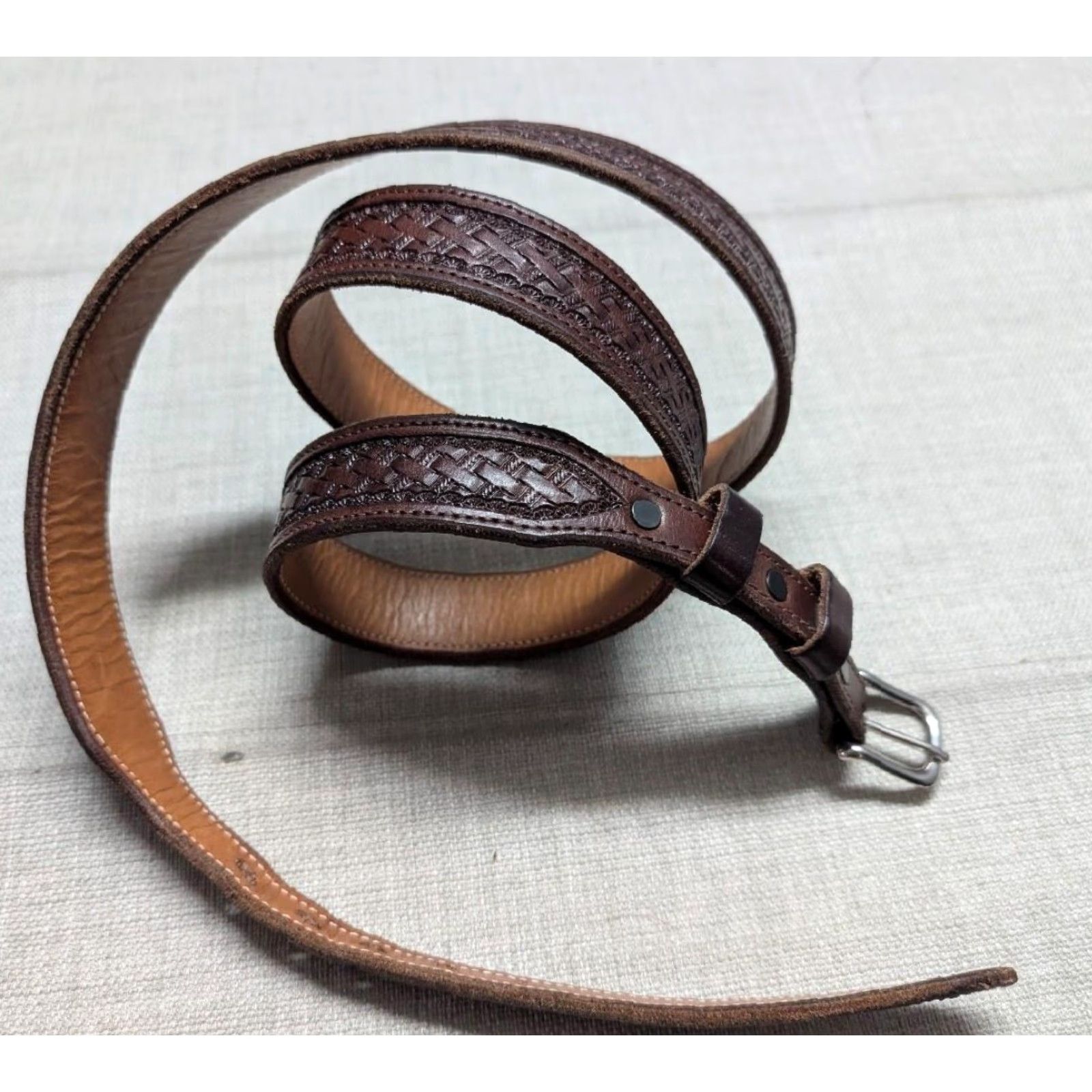 Vintage VINTAGE Big Bend Saddlery Western Belt Men 48 Brown Tooled Ranger Buckle Leather Cowhide Belt Width 1-1/4” XS? Size ONE SIZE - 5 Thumbnail