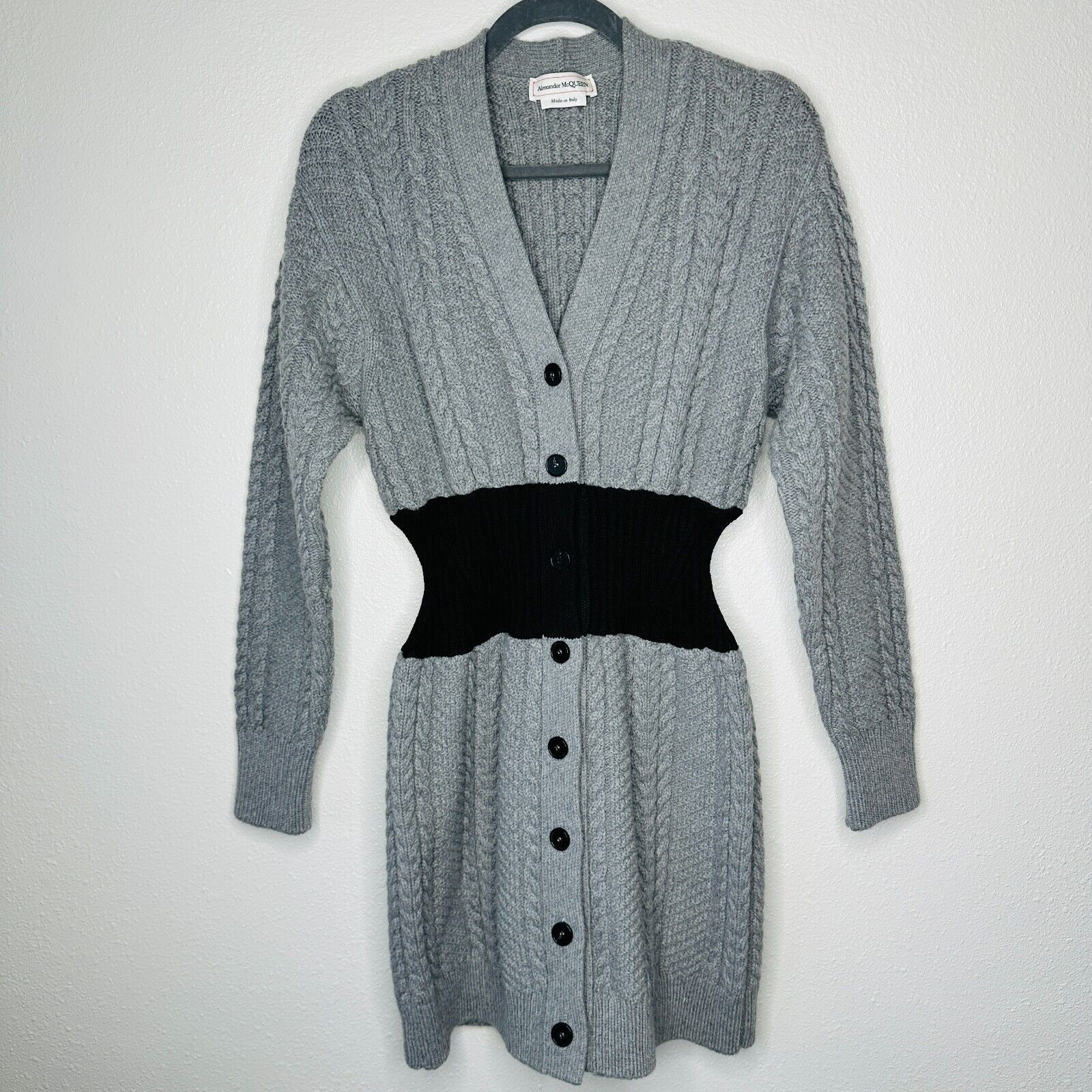 Alexander McQueen Alexander McQueen Gray Knit Black Waist VNeck Sweater Dress Size M / US 6-8 / IT 42-44 - 1 Thumbnail