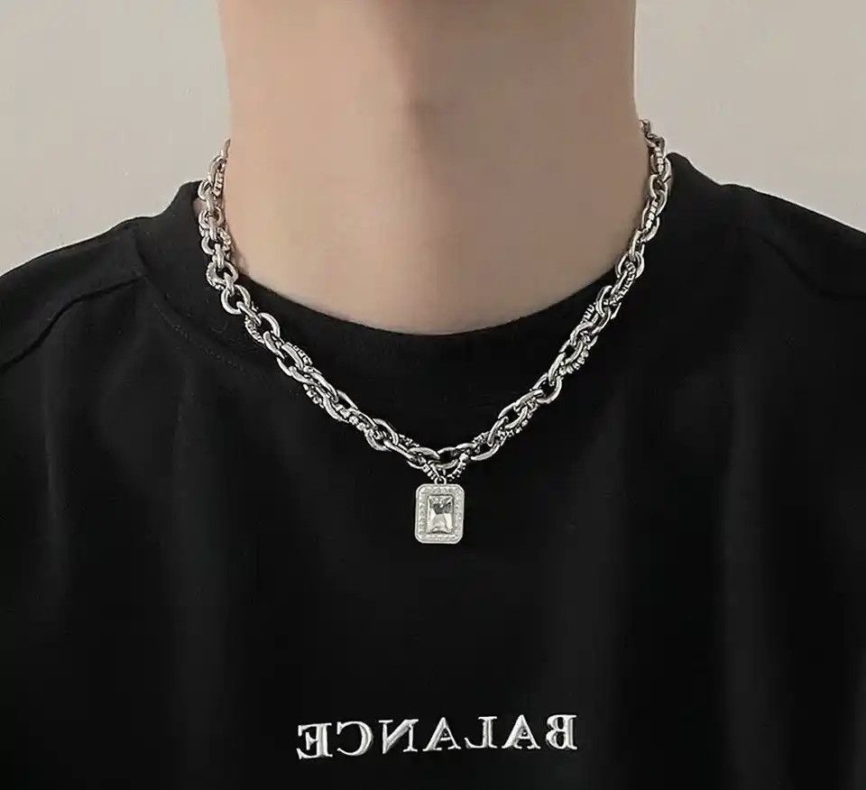 Jewelry × Vintage Hip Hop Square Zircon Necklace Titanium Steel Pendant Size ONE SIZE - 1 Thumbnail