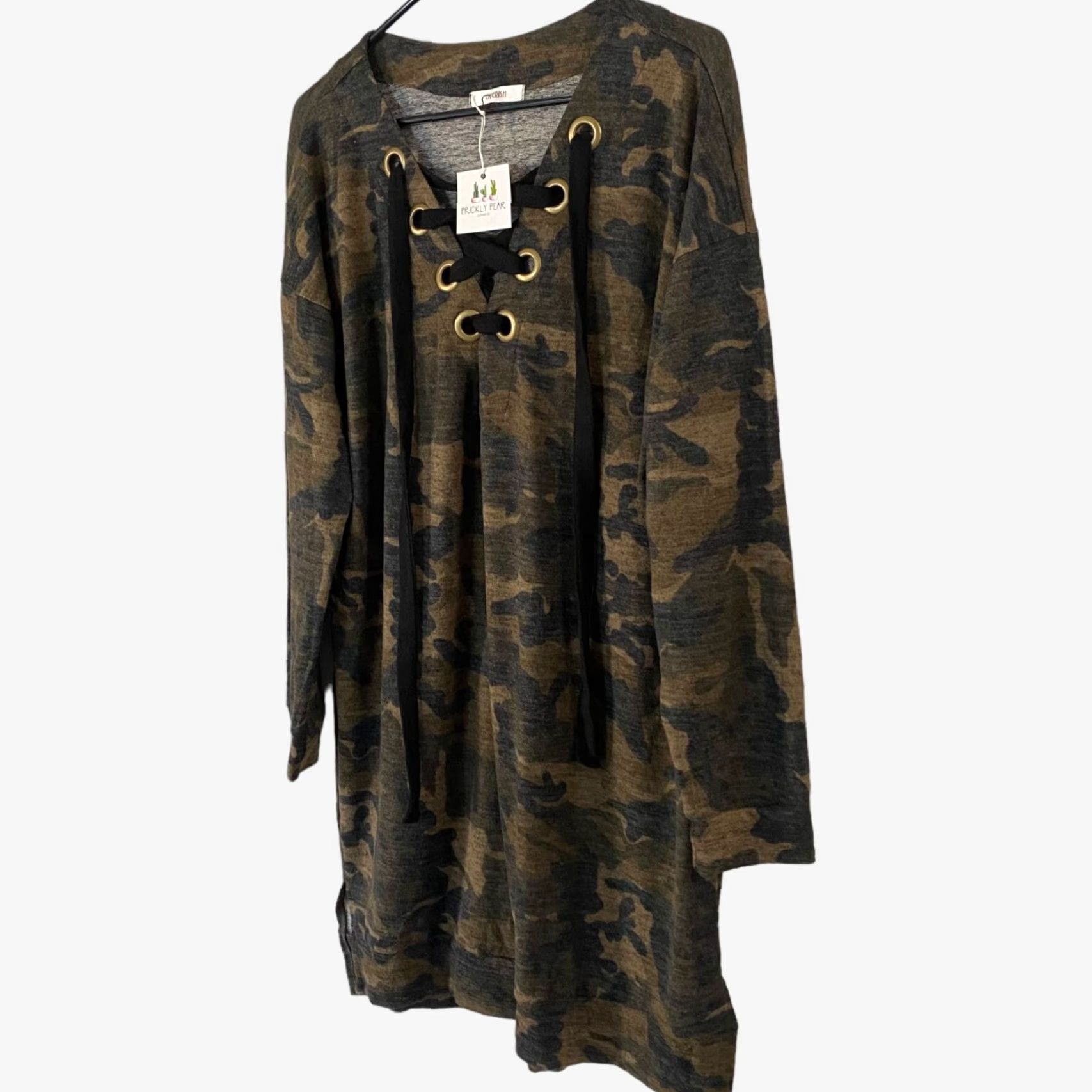 Vintage Cherish Camouflage Lace-Up Long-Sleeve Dress Casual Women Green L Size L / US 10 / IT 46 - 2 Thumbnail