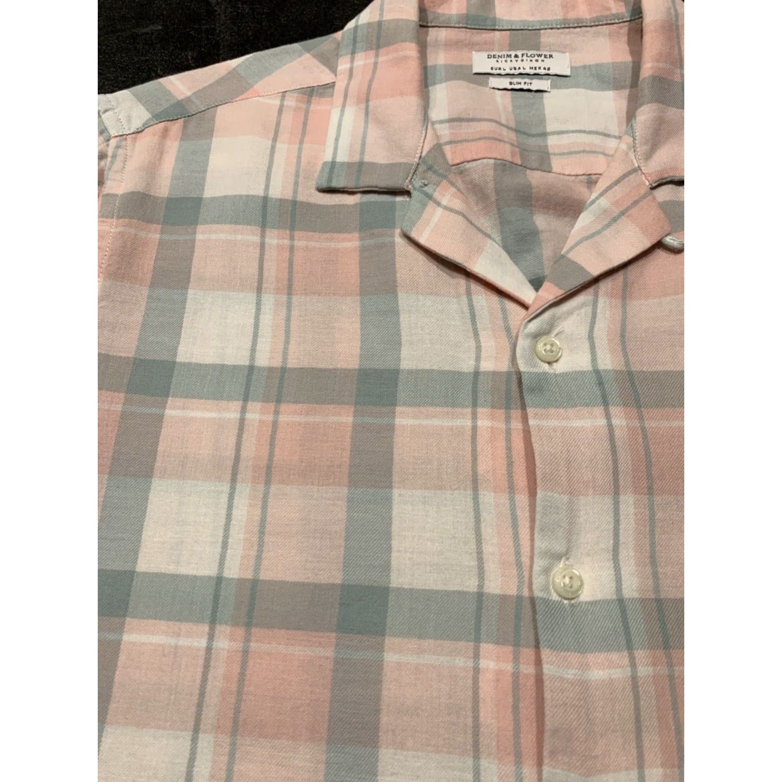 Denime VINTAGE Denim & Flower Pink Plaid Slim Fit Short Sleeve Button-Up Shirt Adult Large Cotton Size US L / EU 52-54 / 3 - 4 Thumbnail