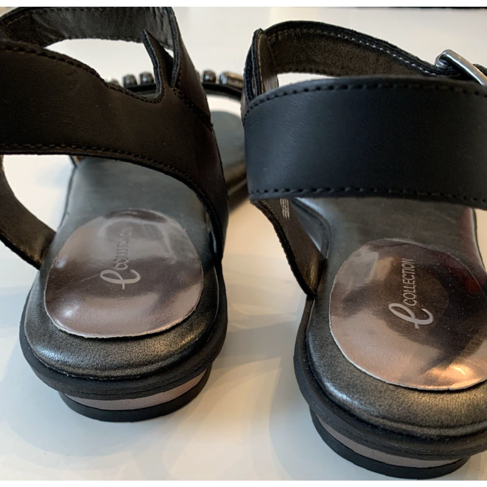 Vintage 9M E Collection Women's Sandals "ES Diamond" Black Faux Leather Bejeweled Flat Size US 9 / IT 39 - 6 Thumbnail
