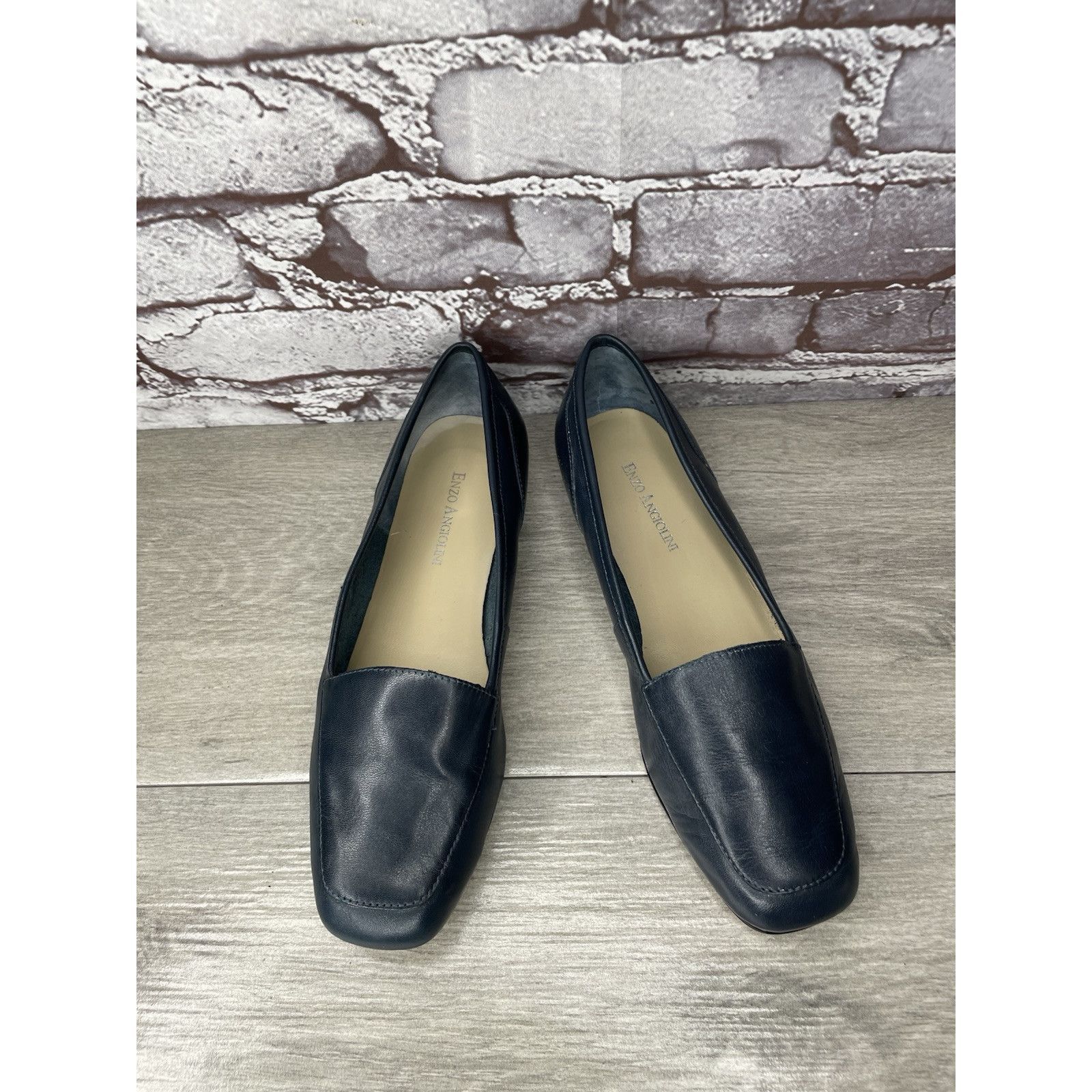 Enzo Bonafe Enzo Angiolini Liberty Navy Blue Leather Square Toe Loafers Size US 7 / IT 37 - 12 Thumbnail