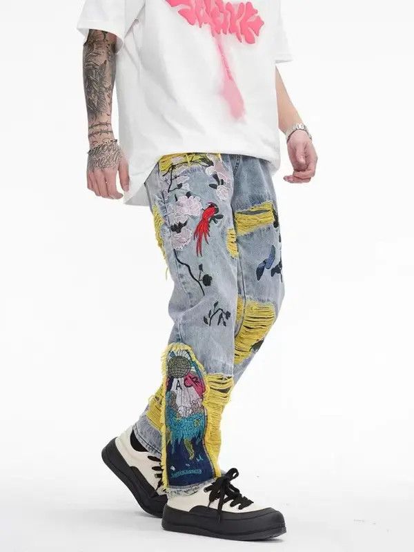 Japanese Brand × Jean Retro heavy embroidery ripped washed distressed jeans Size US 32 / EU 48 - 3 Thumbnail