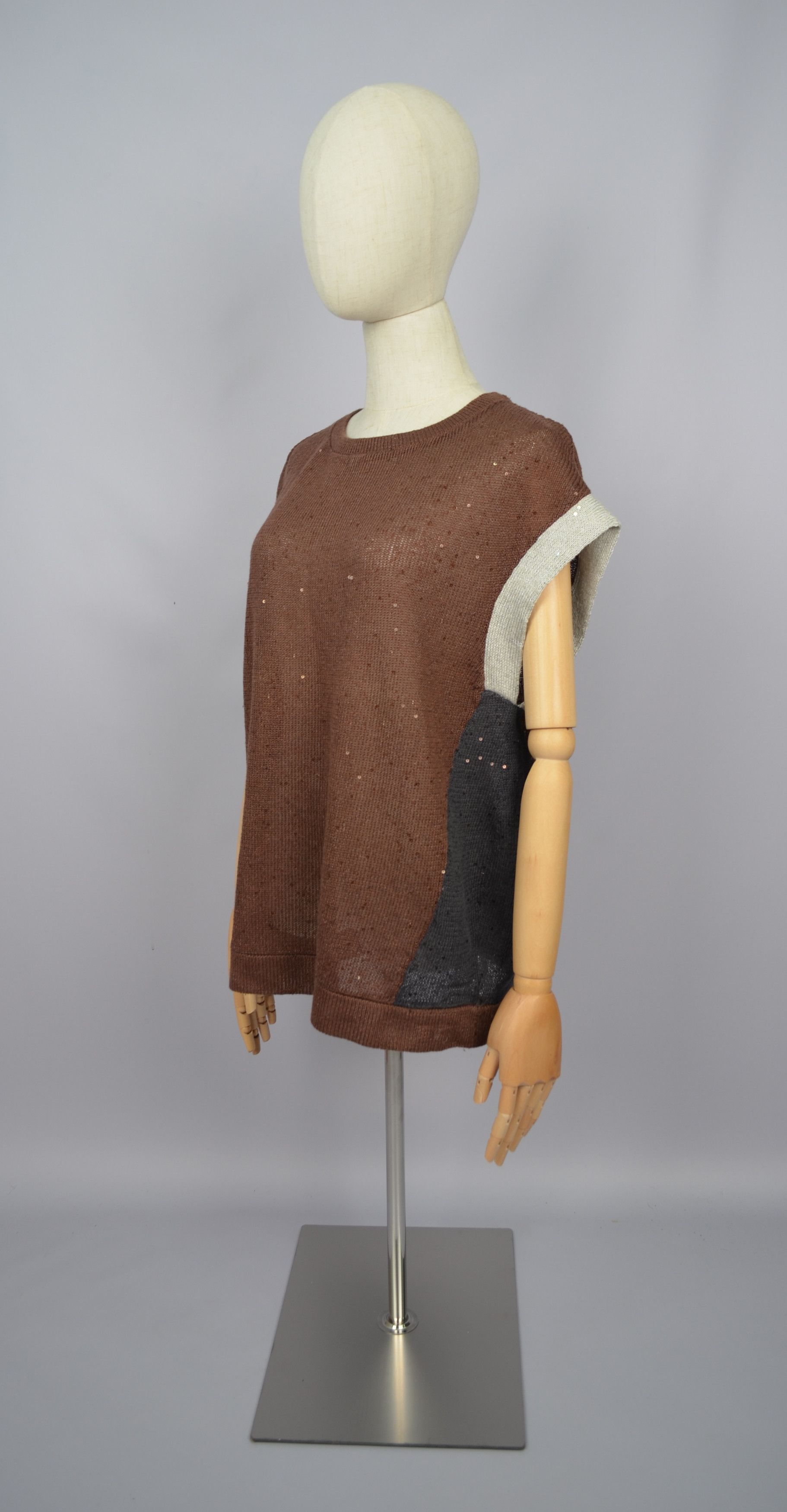 Brunello Cucinelli × Designer Brunello Cucinelli Sequin Linen\Silk Brown Grey Sleeveless Size XXL / US 16-18 / IT 52-54 - 5 Thumbnail