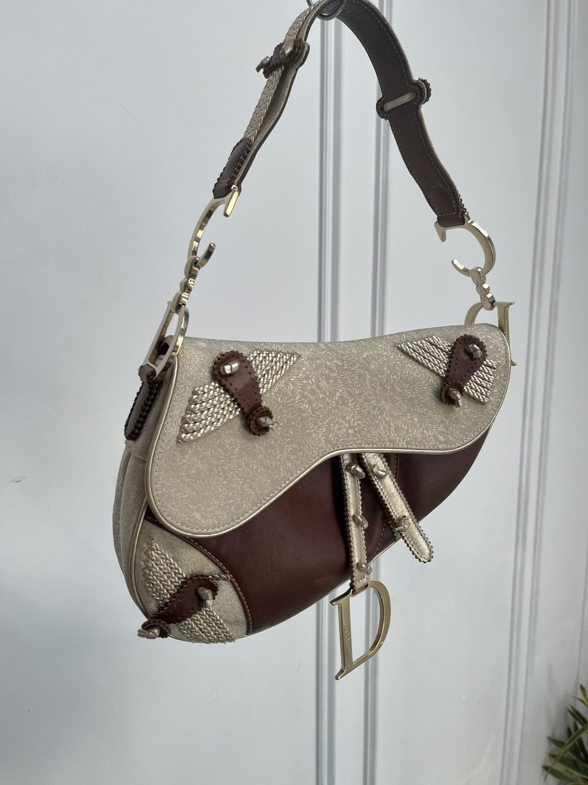 Dior Dior Brown Gold Leather & Fabric Saddle Bag Size ONE SIZE - 1 Thumbnail