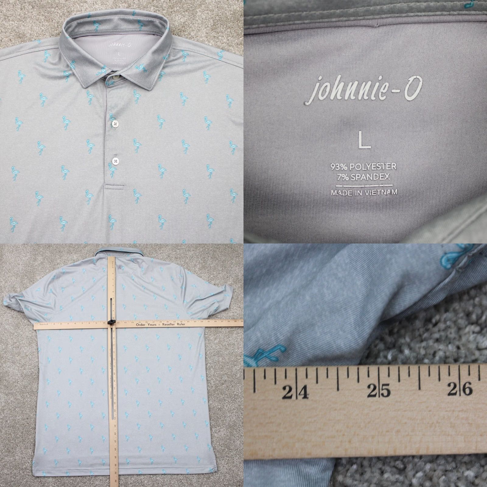 johnnie-O Johnnie-O Polo AOP Shirt Mens Large Gray w/ Blue Flamingos All Over Print S/S Size US L / EU 52-54 / 3 - 8 Thumbnail