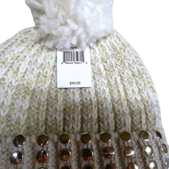 DKNY DKNY Flat-Stud Metallic Rib-Knit Beanie Ivory/Gold Size ONE SIZE - 3 Thumbnail