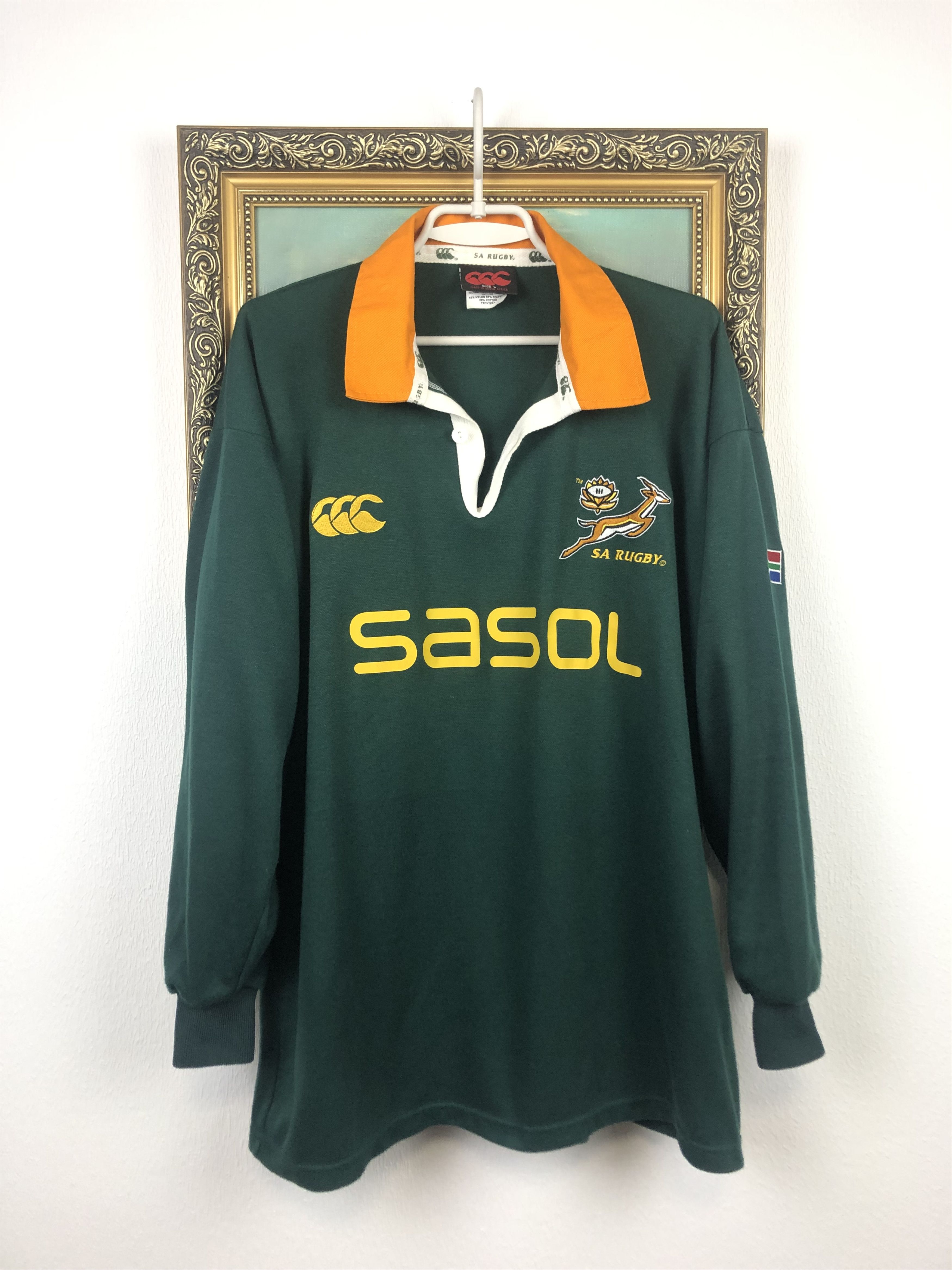 image of Canterbury Of New Zealand Vintage South Africa Rugby Union Long Sleeve Jersey Shirt in Green (Size 