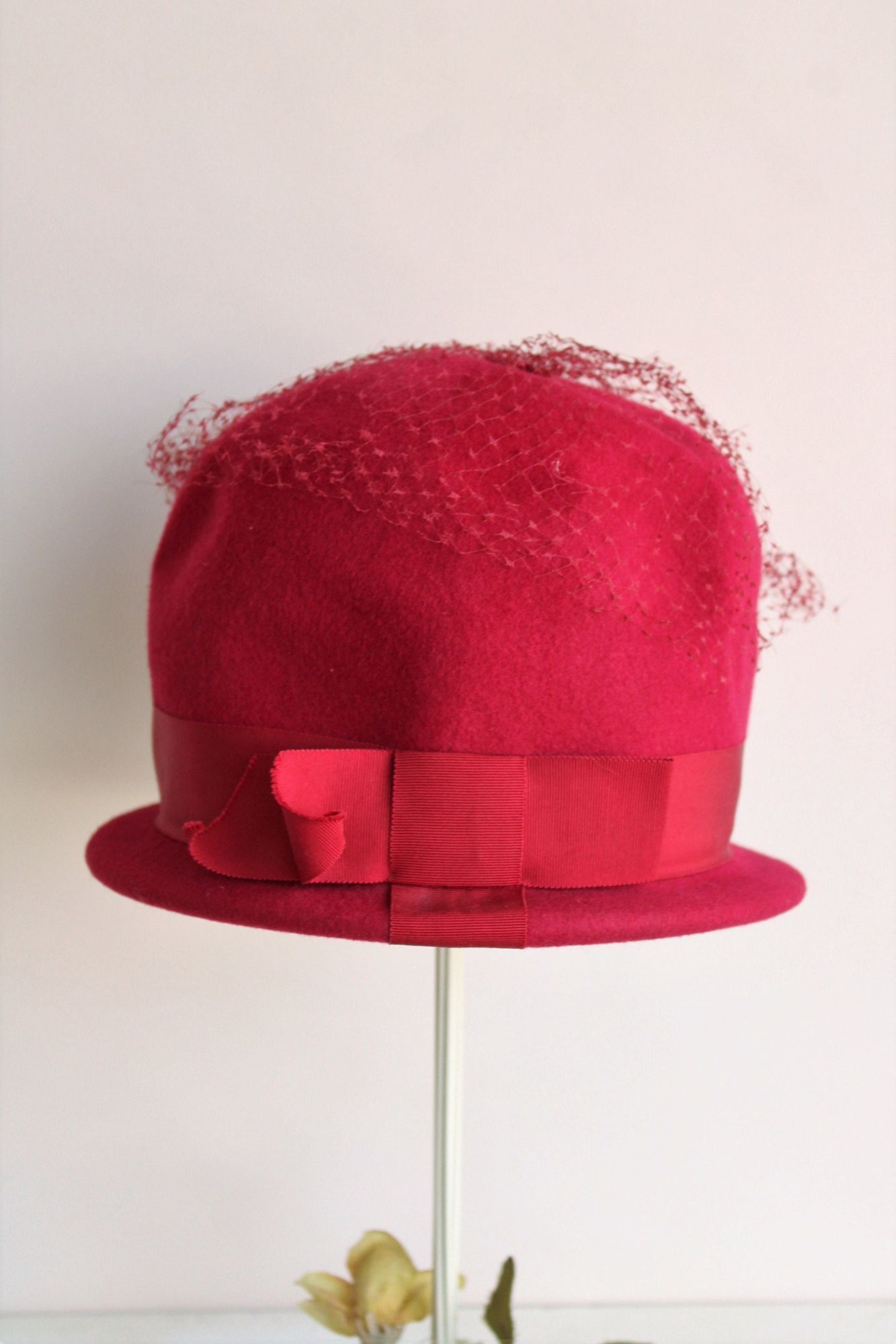 Vintage Vintage 1960s Hat, Red Wool Felt with Veil Trim and Bow, Mil Size ONE SIZE - 1 Thumbnail