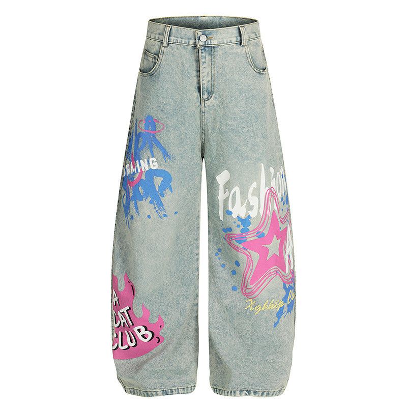 Vintage American graffiti print loose casual curved jeans for men Size US 32 / EU 48 - 1 Thumbnail