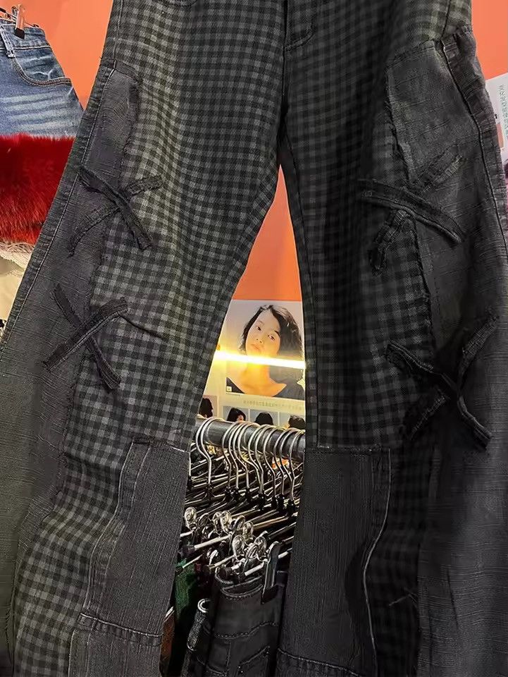 Japanese Brand Retro style plaid patchwork micro flared jeans Size US 29 - 2 Thumbnail